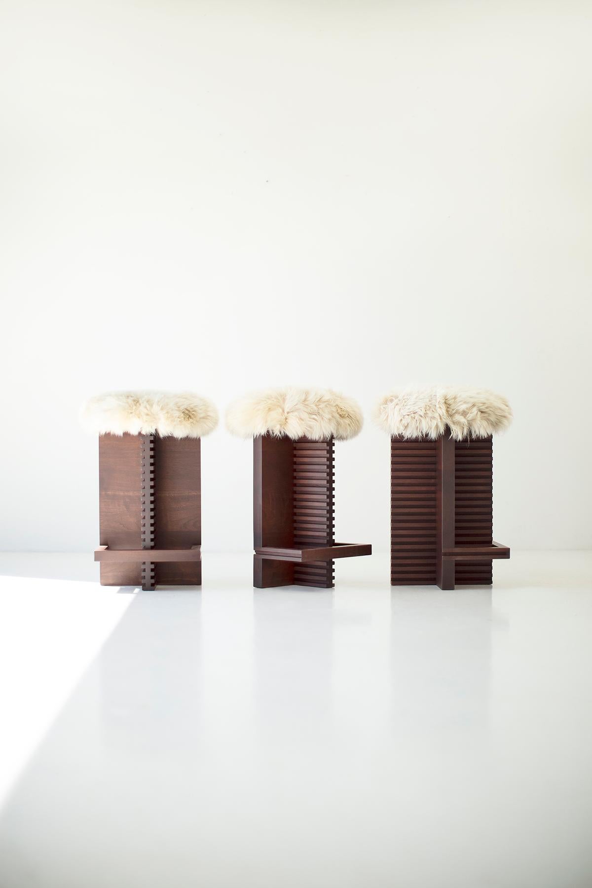 Bertu Stool, Cicely Modern Sheepskin Counter Stool, Walnut For Sale 5