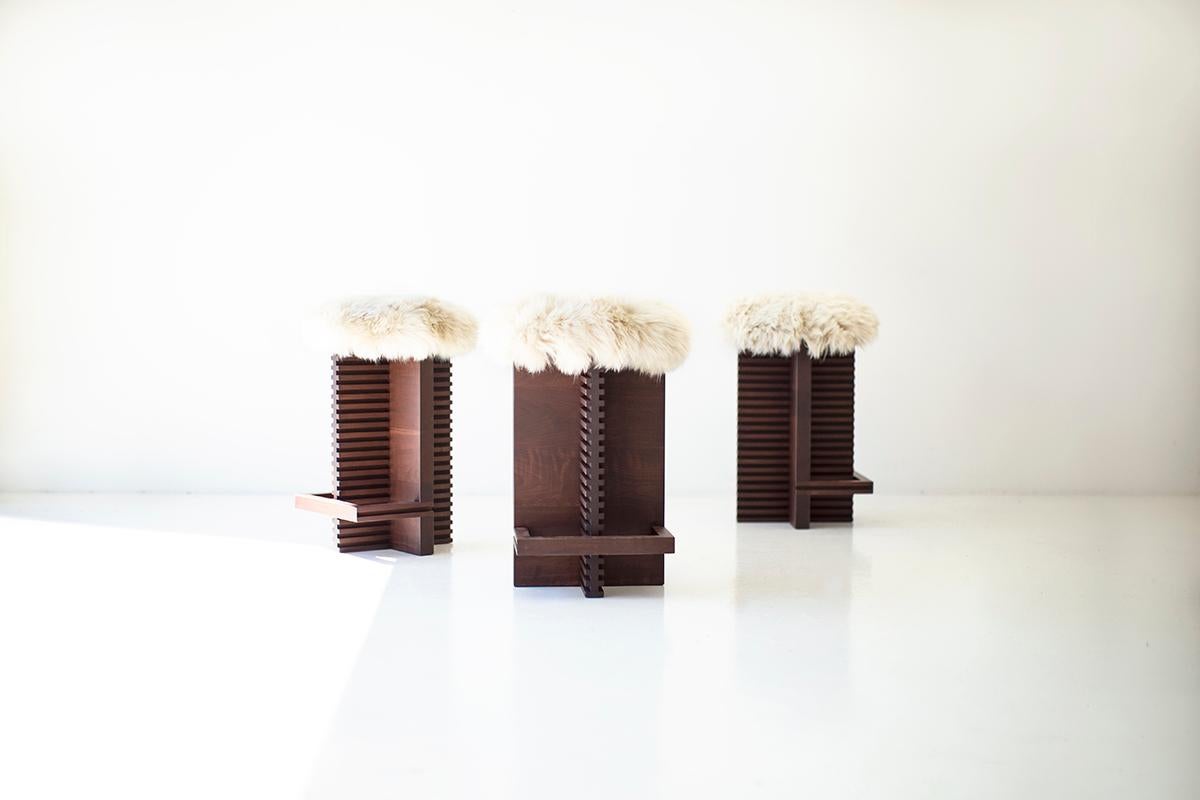 Bertu Stool, Cicely Modern Sheepskin Counter Stool, Walnut For Sale 4
