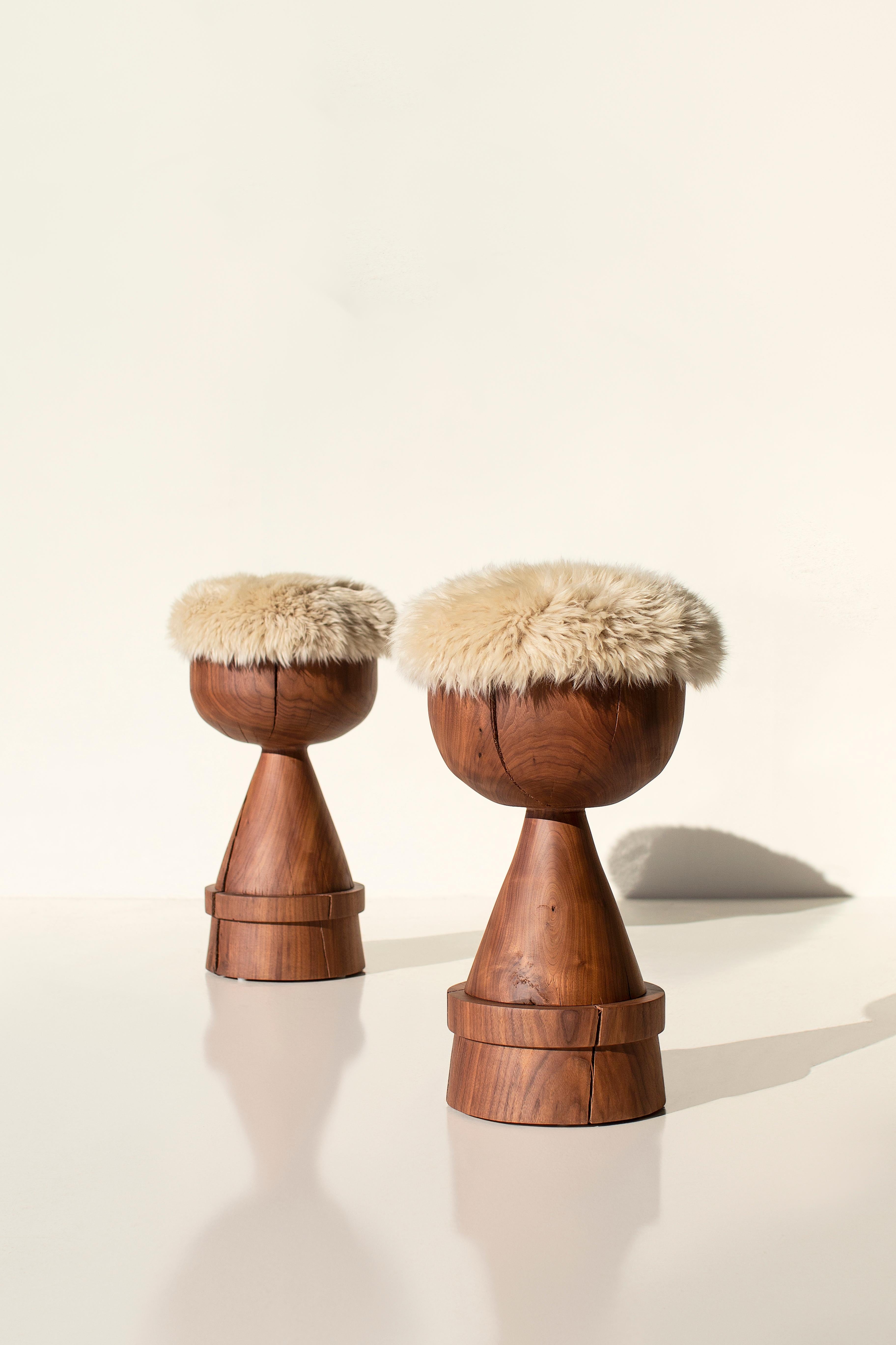 Organique Bertu Stools, Boca Modern Counter Stool, Walnut, Sheepskin, Wood en vente
