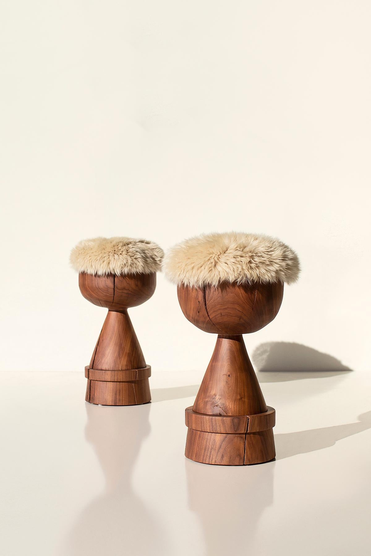 Organic Modern Bertu Stools, Boca Modern Counter Stool, Walnut, Sheepskin, Wood For Sale