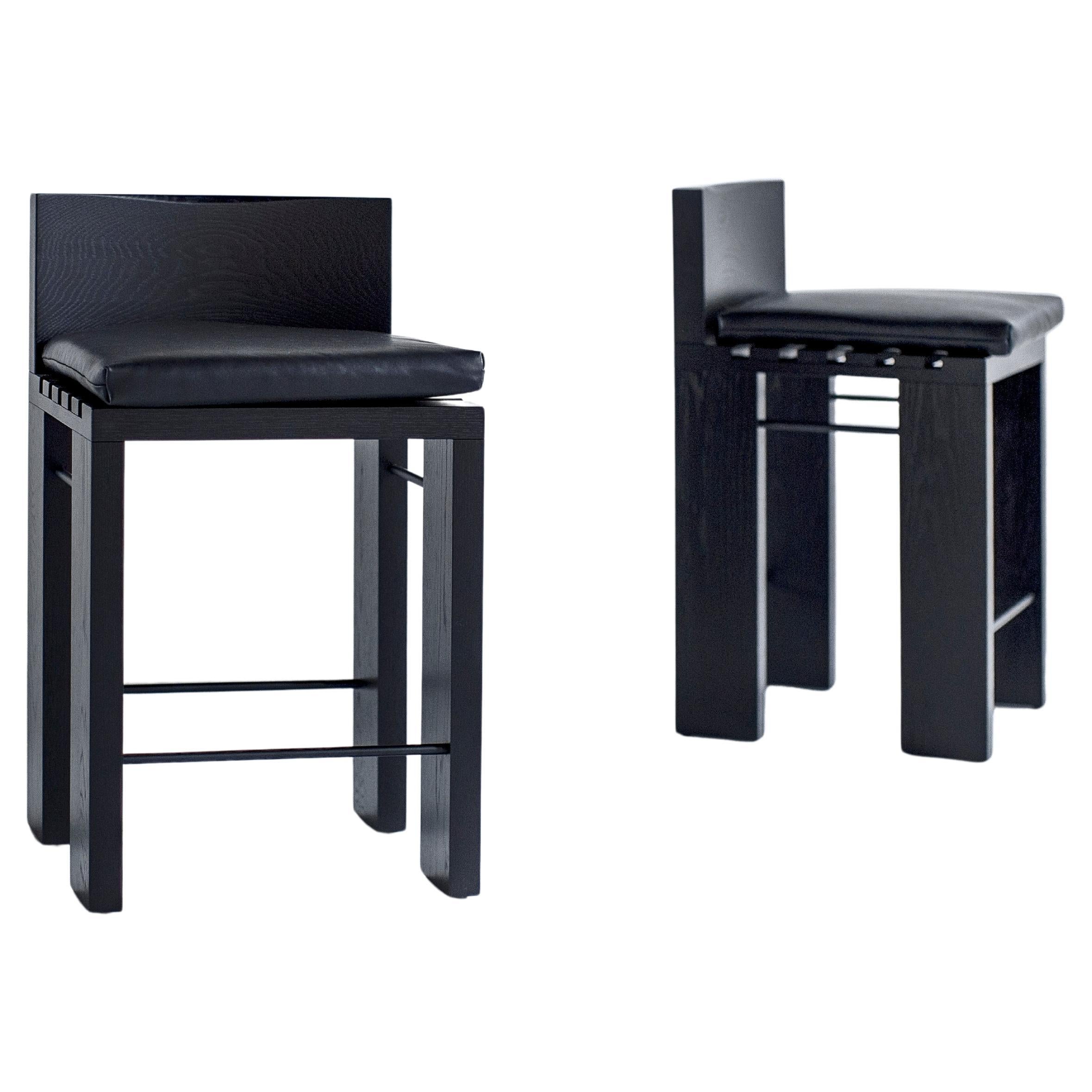 Bertu Stools, Chile Modern Black Counter Stool, Black Leather, Red Oak