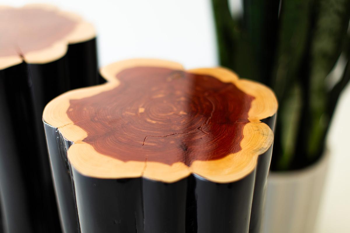 Wood Bertu Stump Table, Black Outdoor Stump Table, Natural Top, Red Cedar For Sale