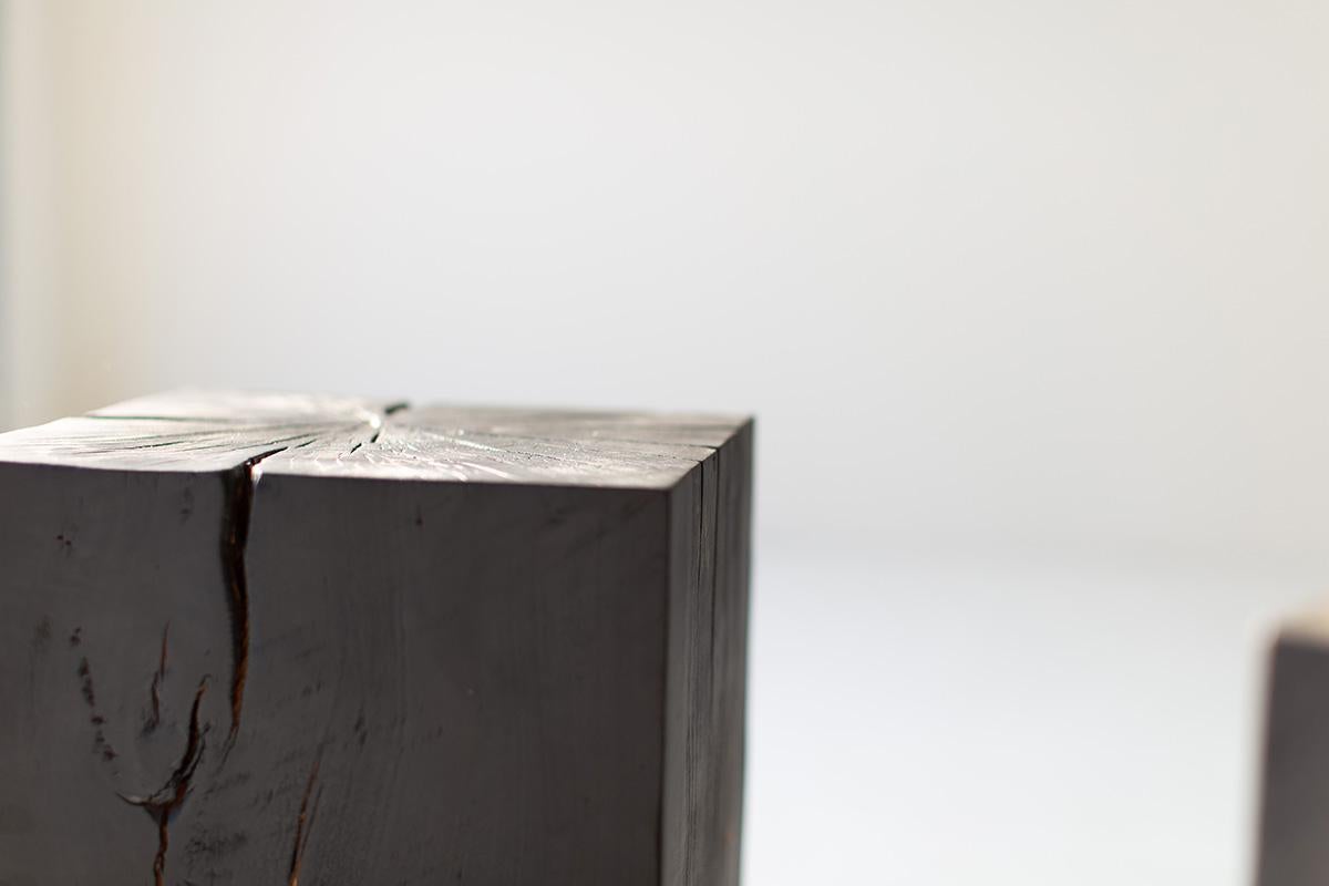 American Bertu Wood Side Tables, Burnt Wood Side Tables, Solid Maple For Sale