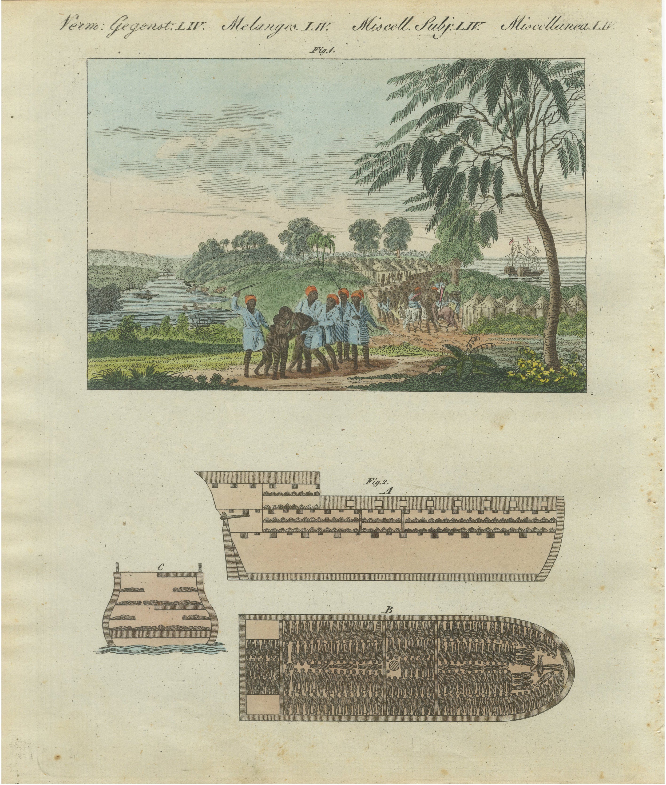 Bertuch African Slave Trade & Slave Ship Engraving, 1805