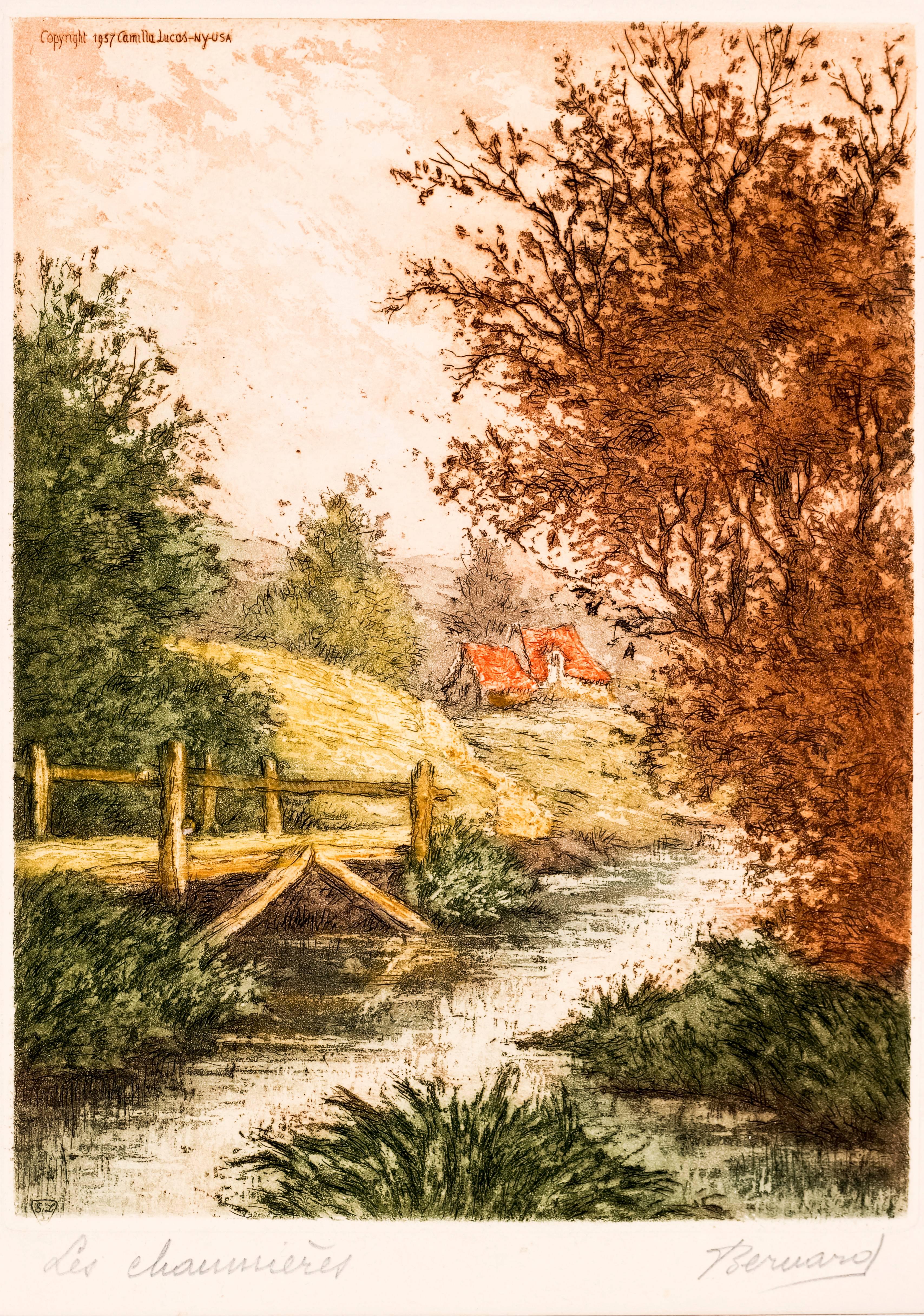 Two Charming Thatched Cottages - Print by Beruard