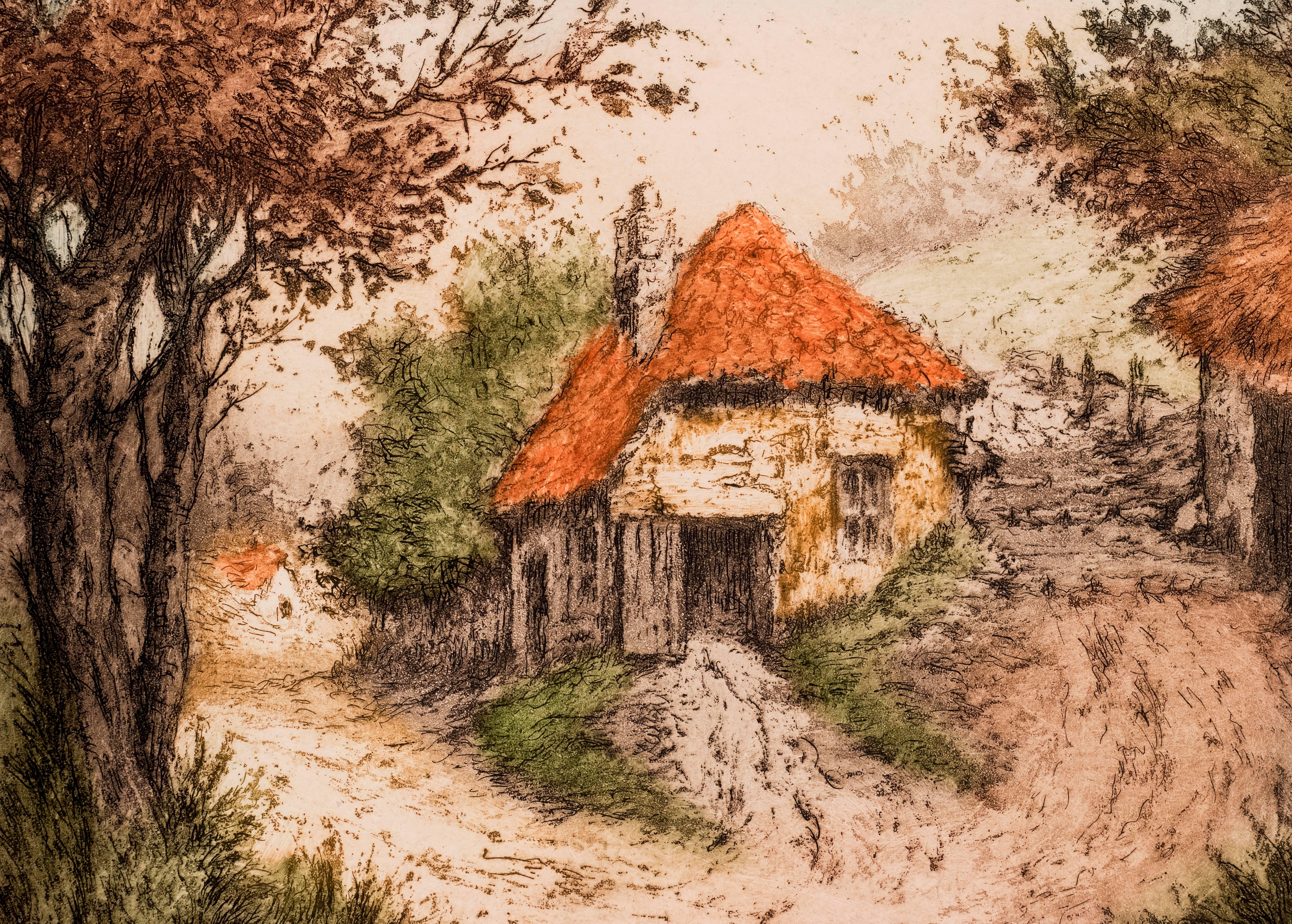 Two Charming Thatched Cottages - Brown Landscape Print by Beruard