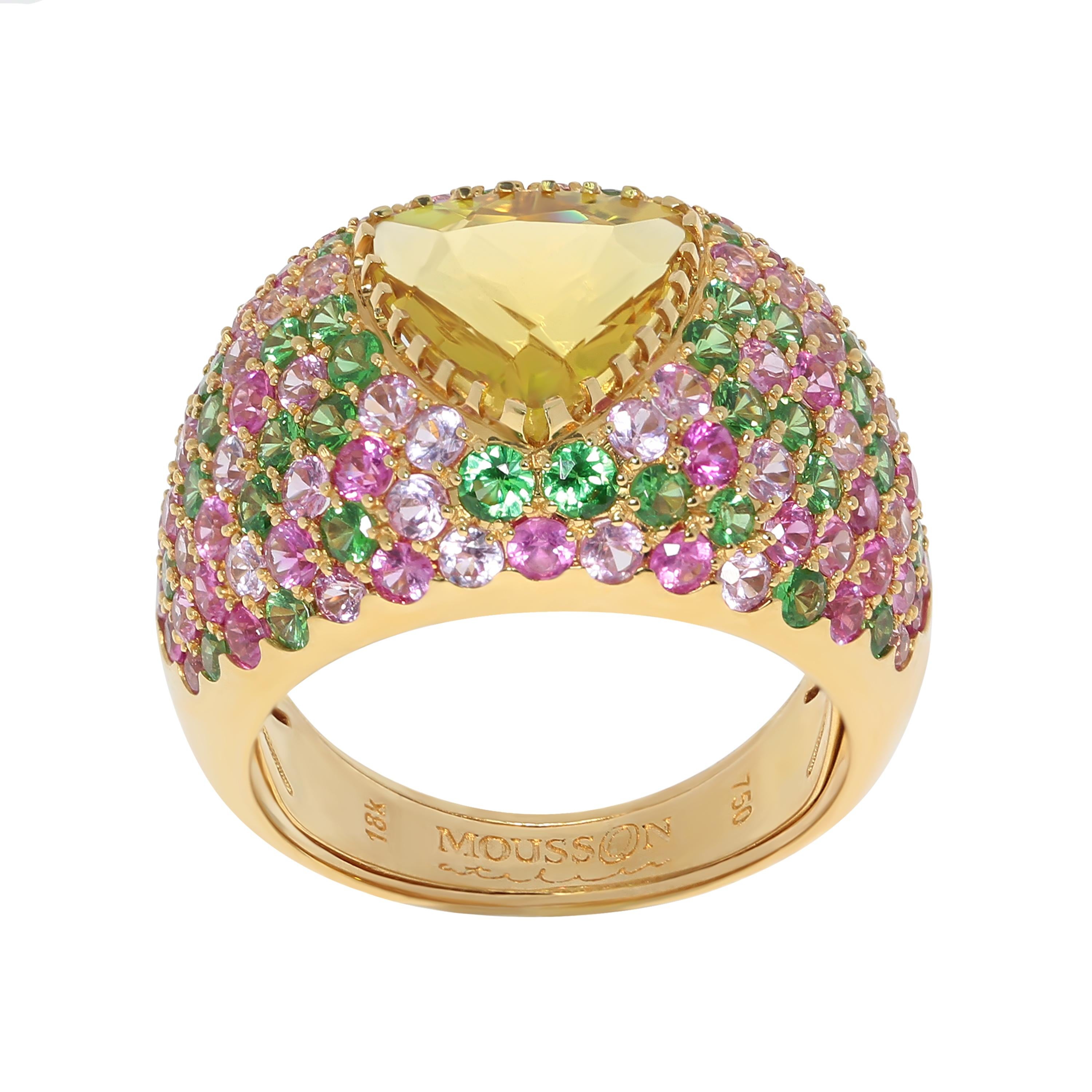 Contemporary Beryl 2.13 Carat Tsavorites Pink Sapphires Yellow 18 Karat Gold Riviera Ring For Sale