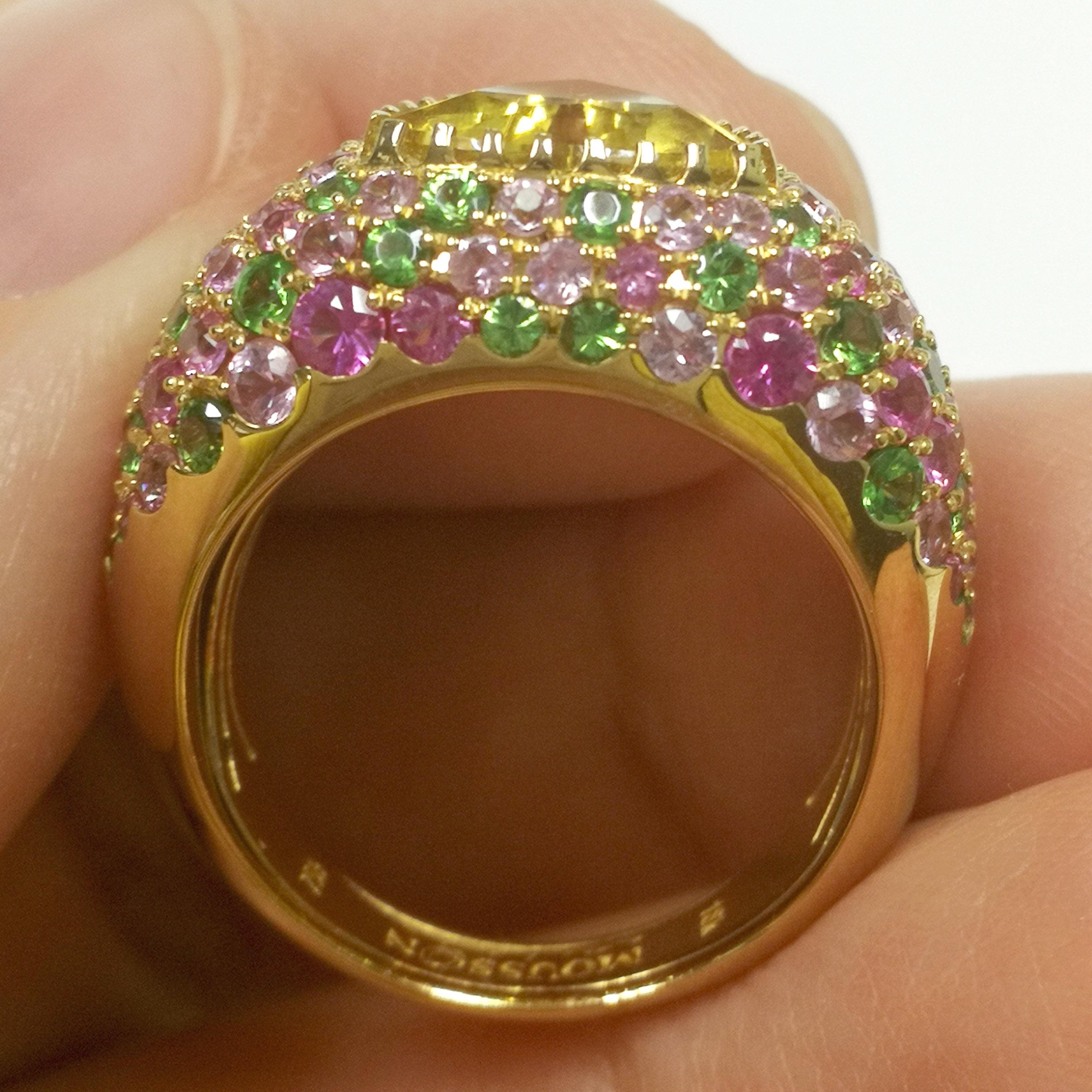 Trillion Cut Beryl 2.13 Carat Tsavorites Pink Sapphires Yellow 18 Karat Gold Riviera Ring For Sale