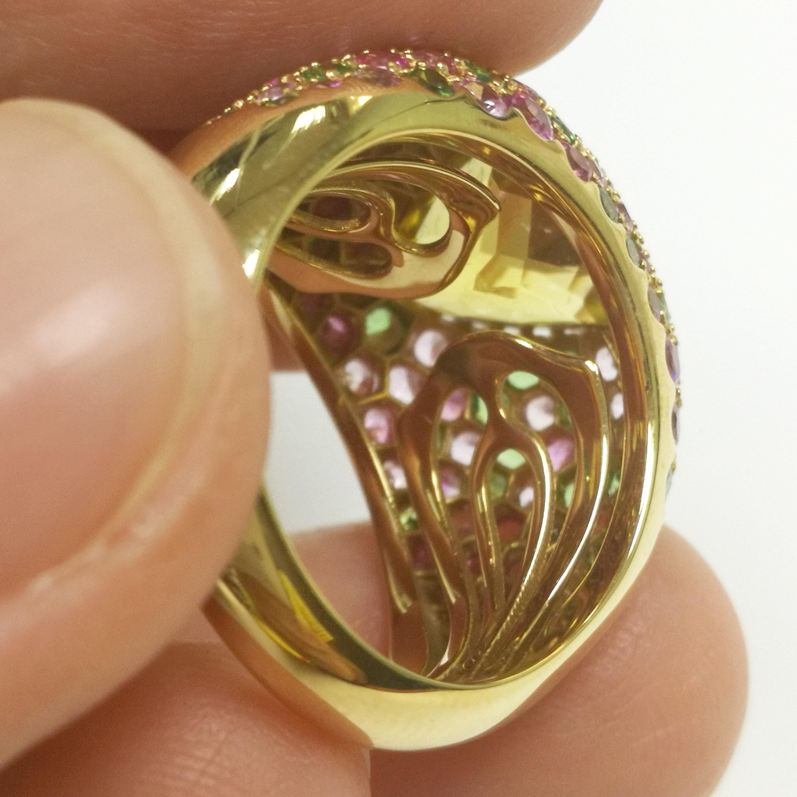 Women's Beryl 2.13 Carat Tsavorites Pink Sapphires Yellow 18 Karat Gold Riviera Ring