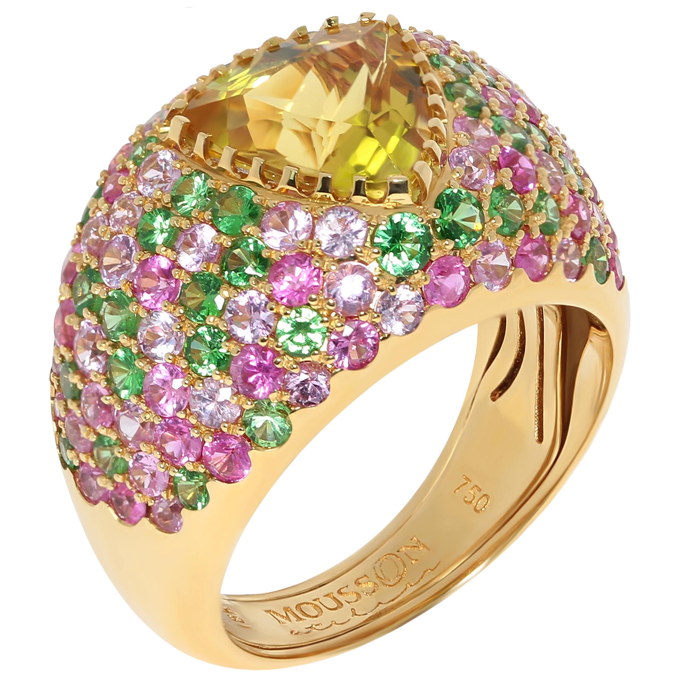 Beryl 2.13 Carat Tsavorites Pink Sapphires Yellow 18 Karat Gold Riviera Ring