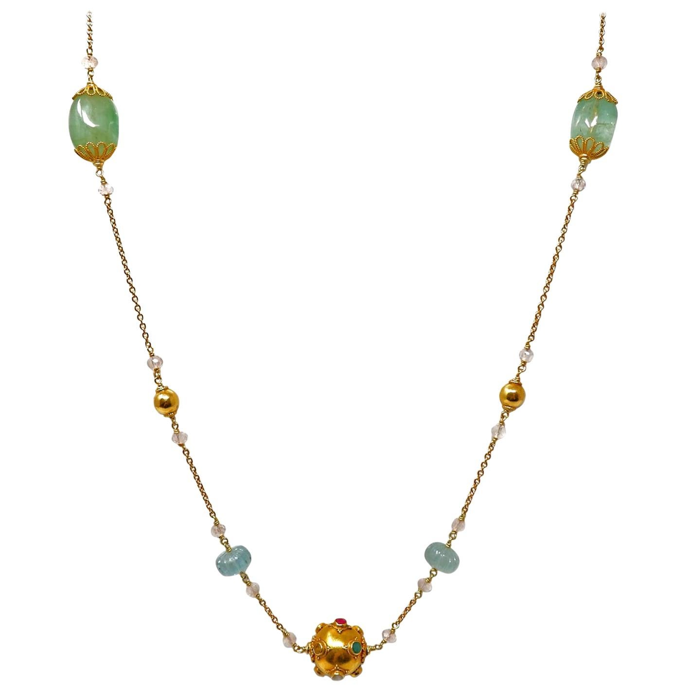Beryl Aquamarine Gold and Precious Stone Sautoir Bead Necklace For Sale