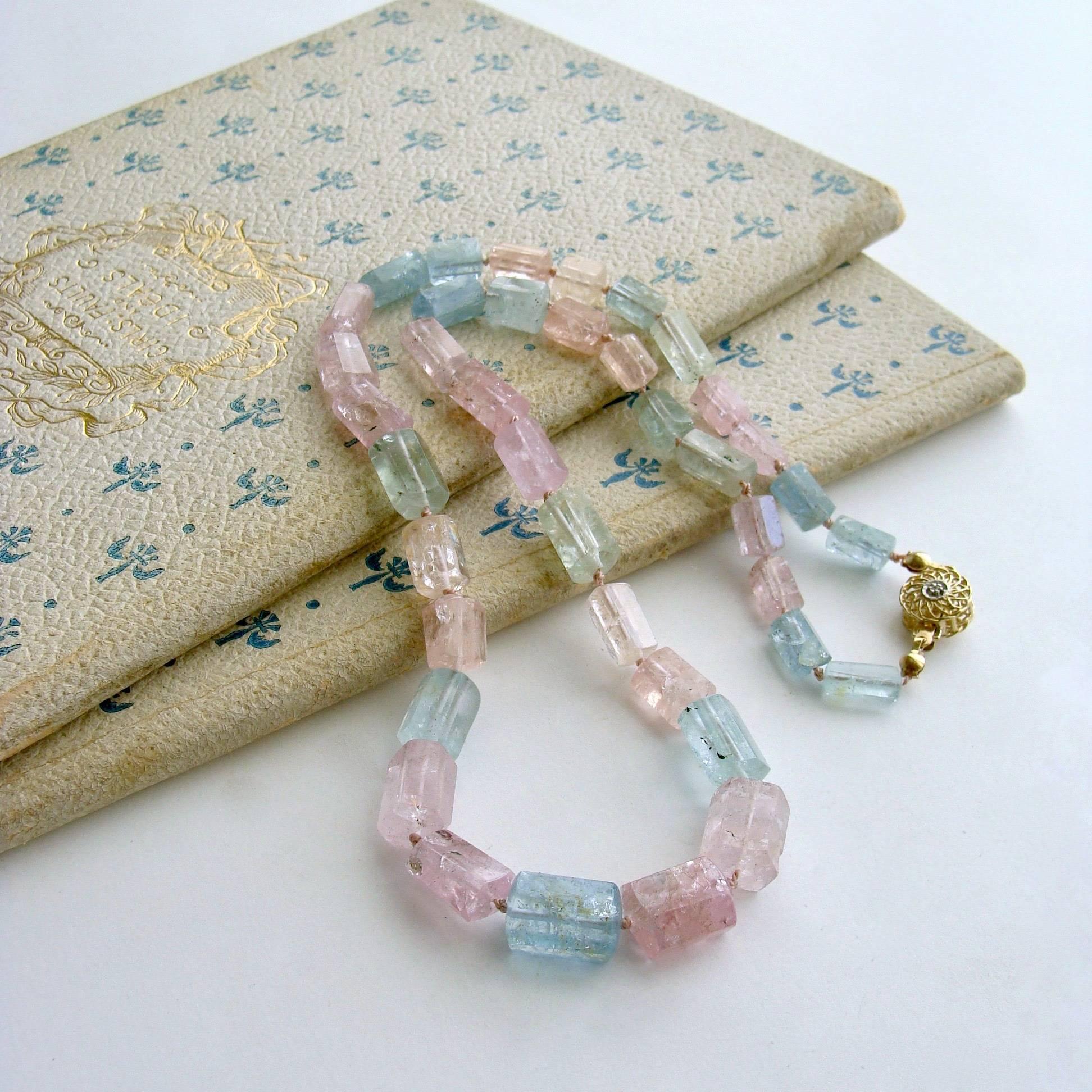 Artisan Beryl Aquamarine Morganite Necklace with 14 Karat Gold Diamond Filigree Clasp