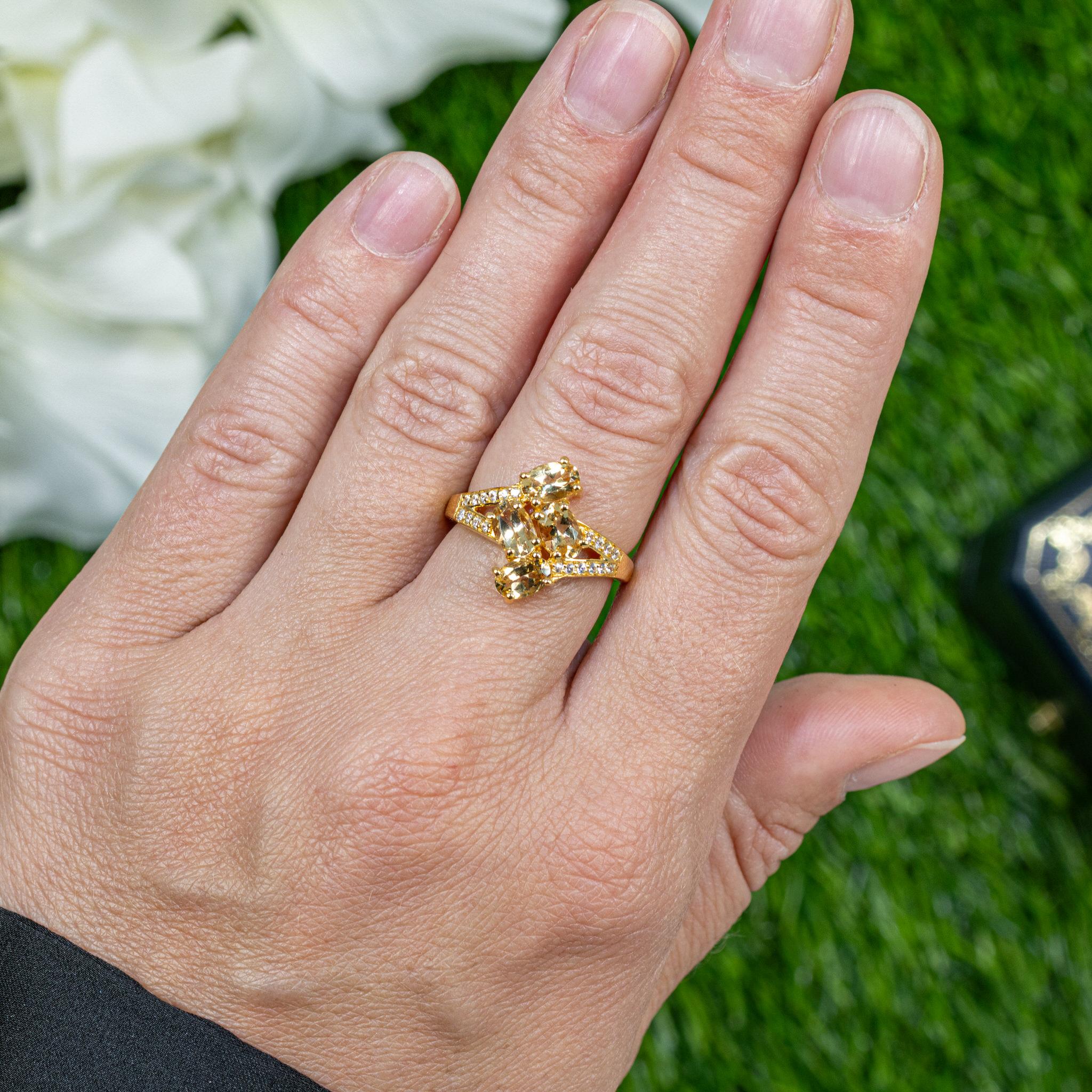 Art Deco Beryl Bypass Ring Zircon Setting 1.75 Carats 24K Yellow Gold Plated Silver For Sale