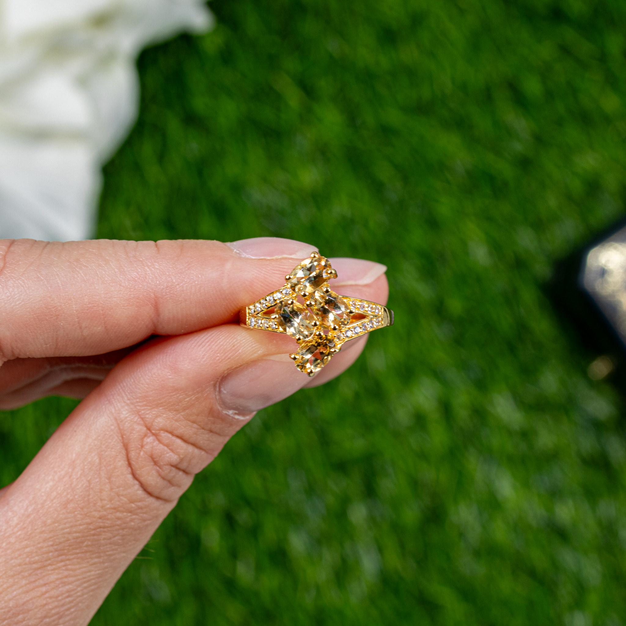 Oval Cut Beryl Bypass Ring Zircon Setting 1.75 Carats 24K Yellow Gold Plated Silver For Sale