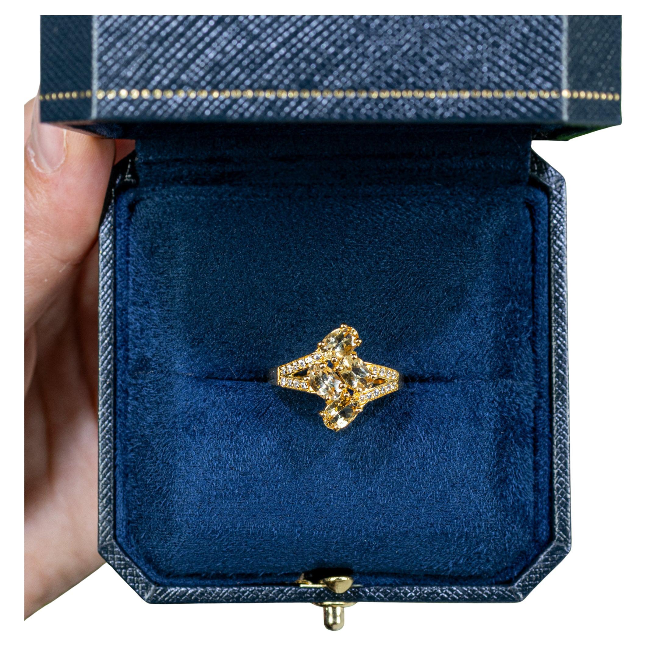 Beryl Bypass Ring Zircon Setting 1.75 Carats 24K Yellow Gold Plated Silver For Sale