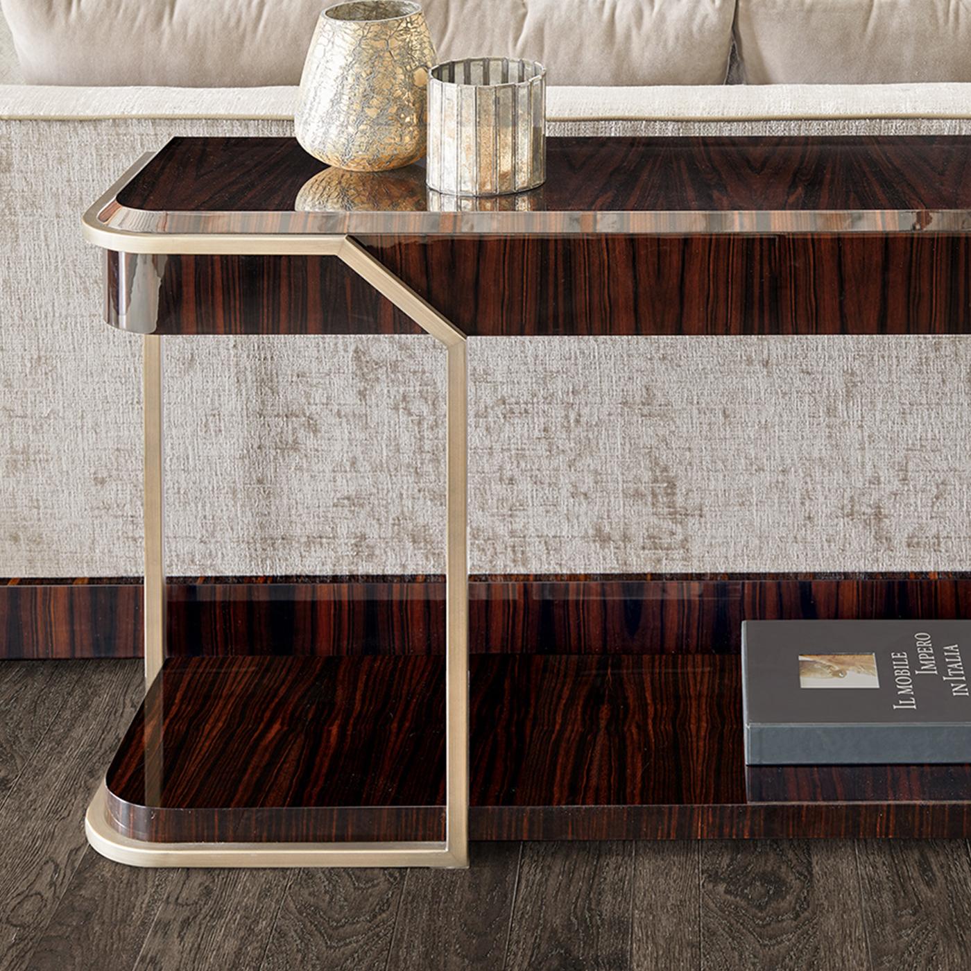 Combining vintage and contemporary vibes, the Beryl Console is a celebration of Macassar ebony wood and its striking natural grain. Given a high gloss finish to exalt its veins, the console is completed by a bronze colored frame. With a top and
