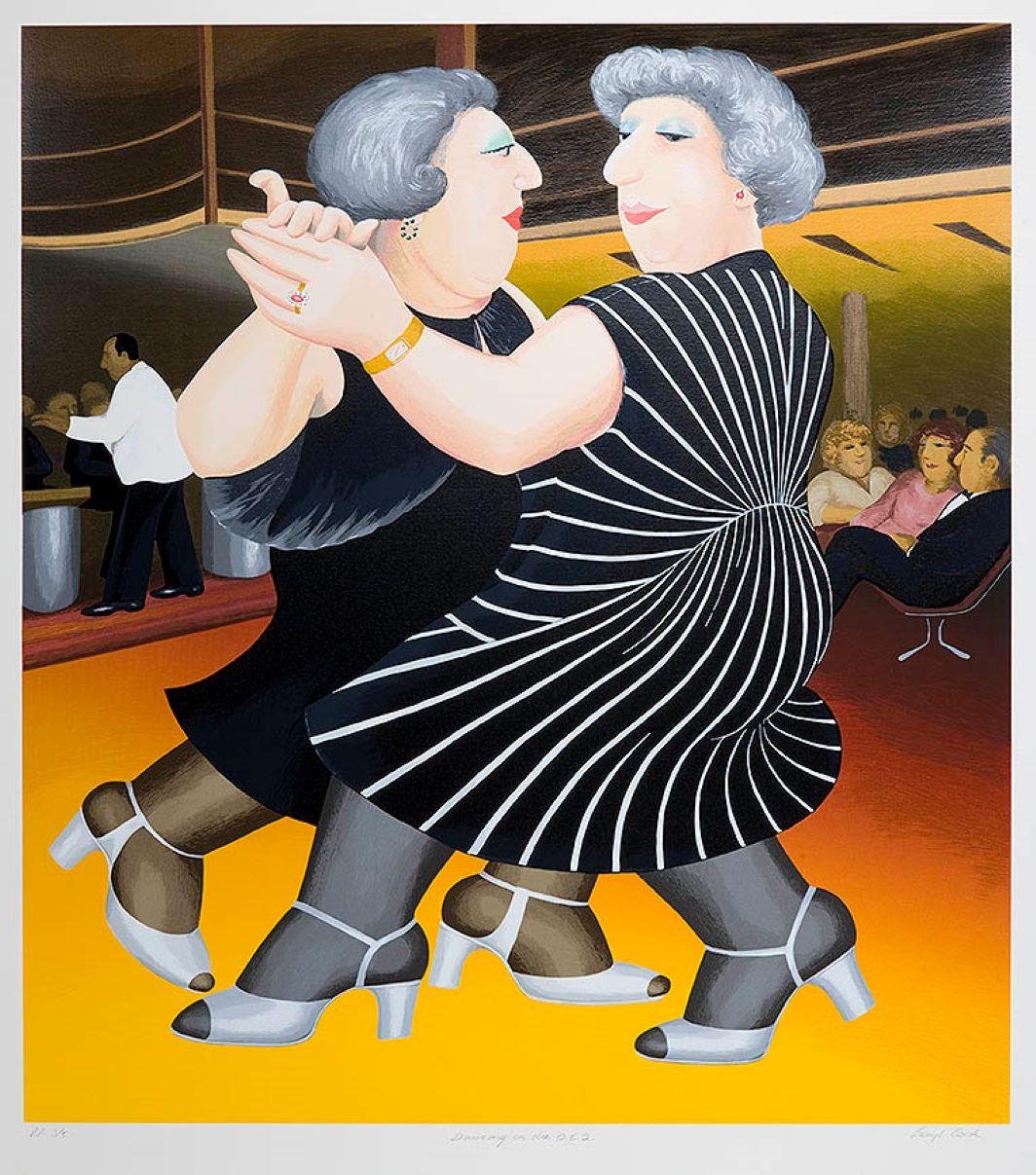 Figurative Print de Beryl Cook - Bailando en el QE2 - Arte naïf, cómico, colorido, Arte popular, vida cotidiana
