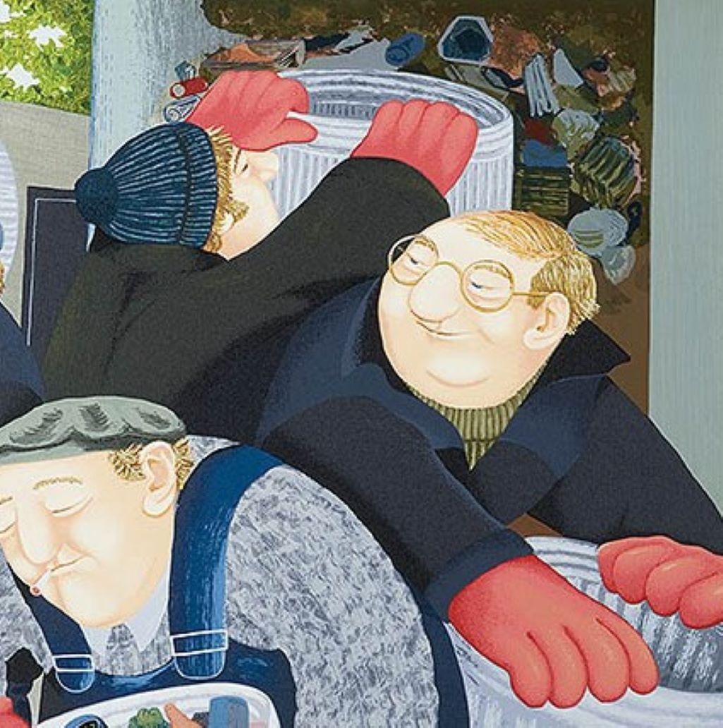 Uomini della pattumiera - Arte naïve, comica, colorata, arte popolare, vita quotidiana - Print Contemporaneo di Beryl Cook