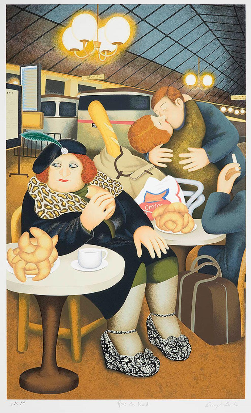 Figurative Print di Beryl Cook - Gare du Nord - Arte naïve, comica, colorata, arte popolare, vita quotidiana
