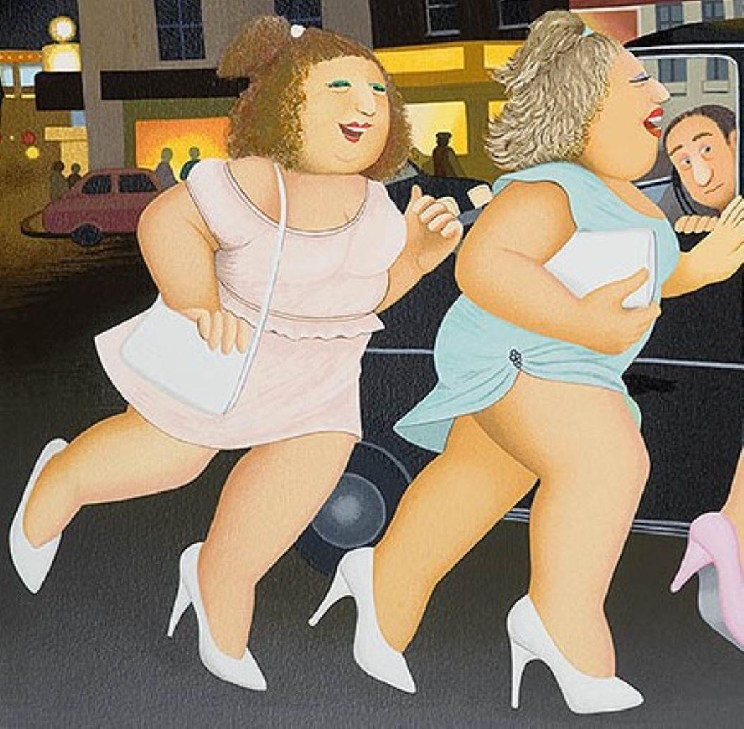 Chicas en un Taxi - Arte naïf, cómico, colorido, Arte popular, vida cotidiana - Print de Beryl Cook