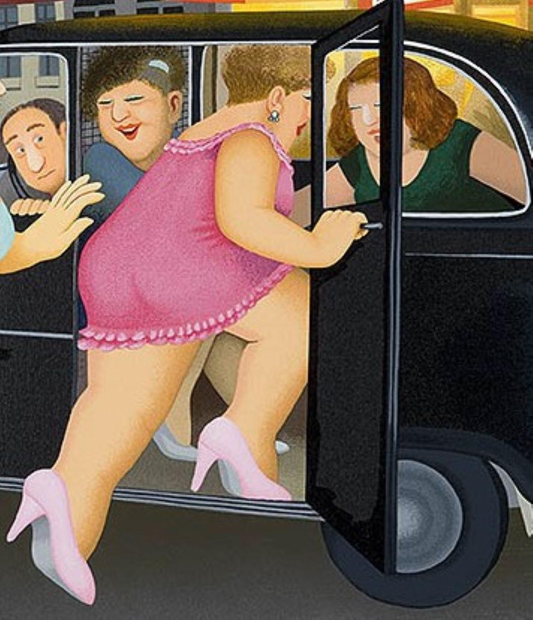 Chicas en un Taxi - Arte naïf, cómico, colorido, Arte popular, vida cotidiana - Print Contemporáneo de Beryl Cook
