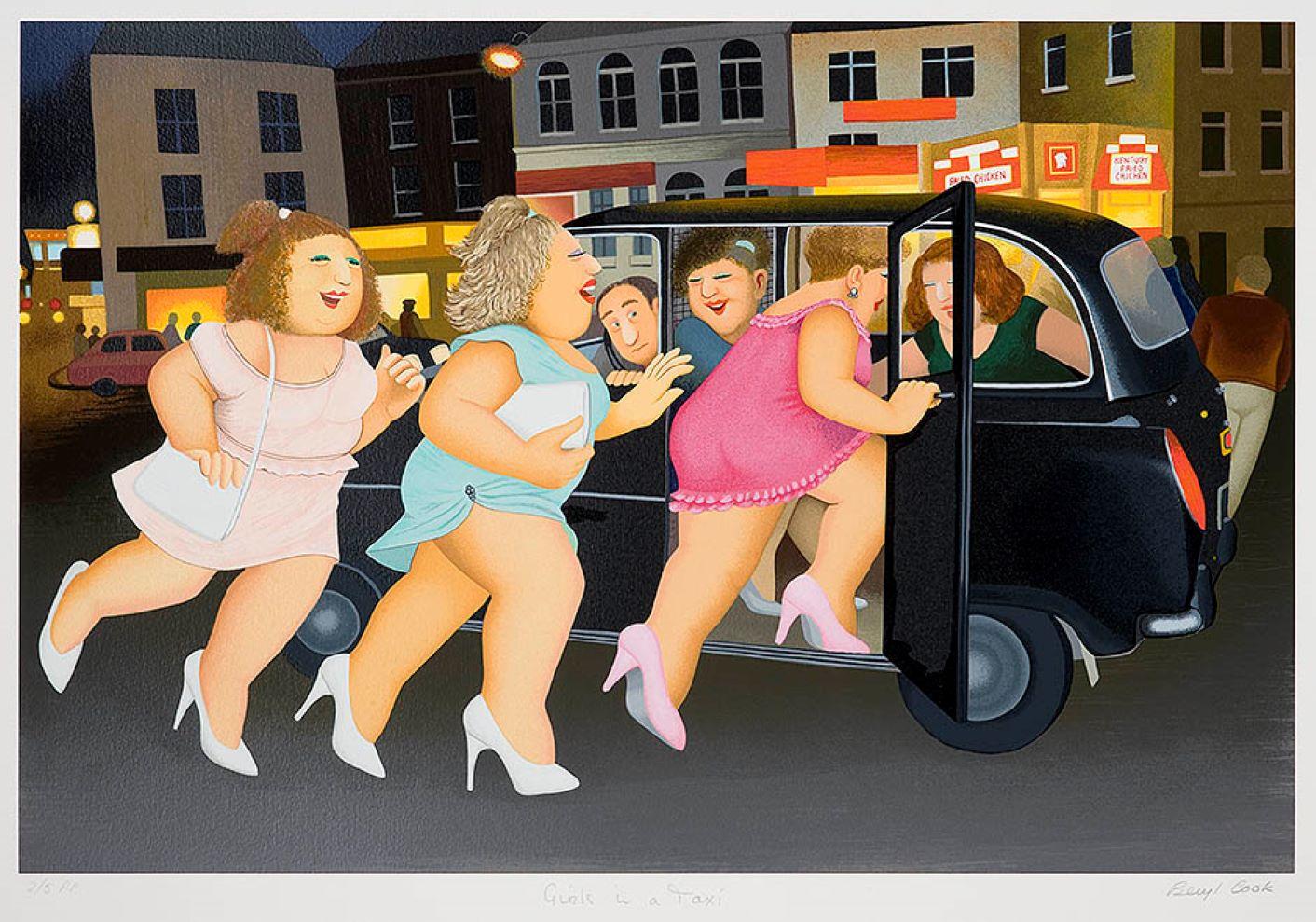 Figurative Print de Beryl Cook - Chicas en un Taxi - Arte naïf, cómico, colorido, Arte popular, vida cotidiana