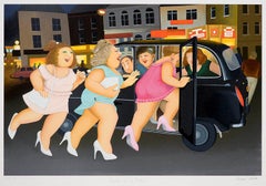 Ragazze in taxi - Arte naïf, comica, colorata, arte popolare, vita quotidiana
