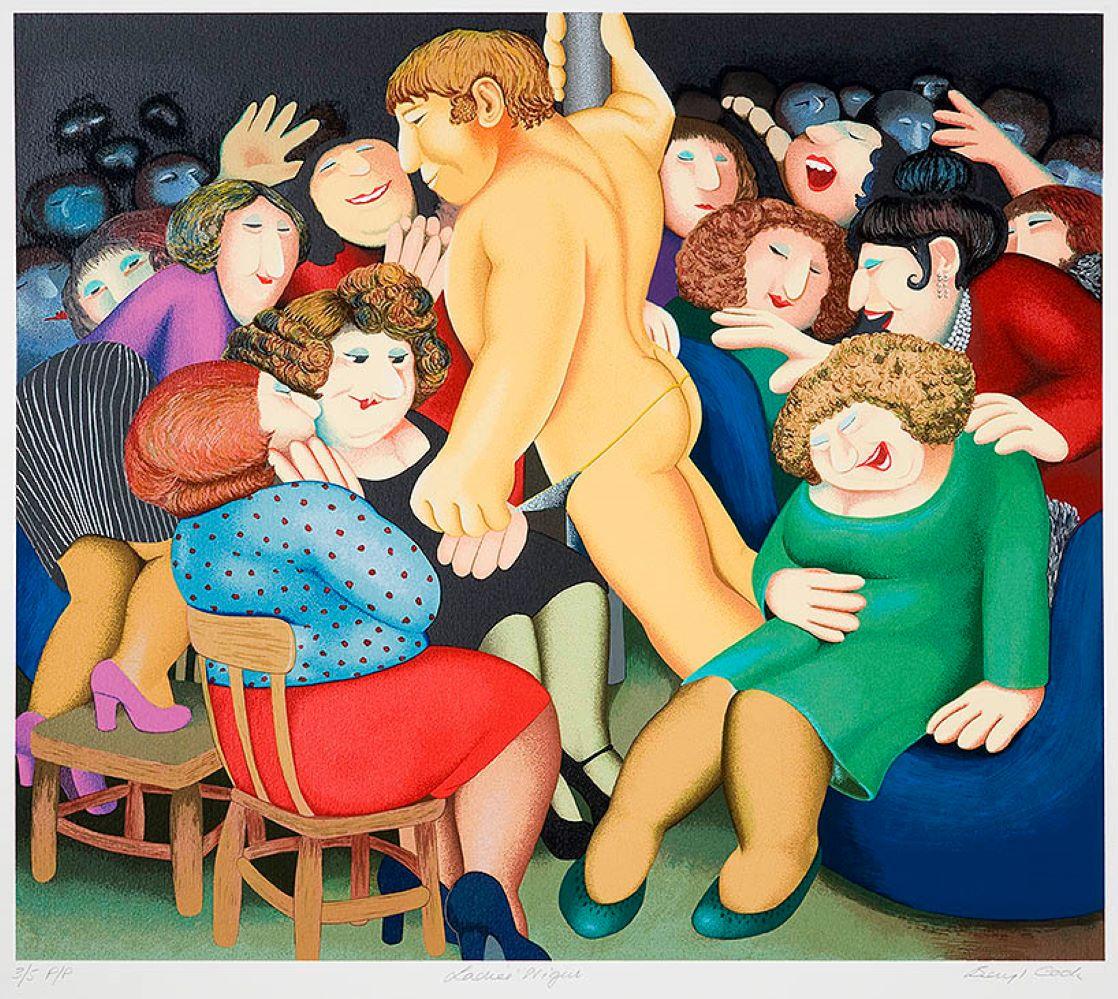 Figurative Print di Beryl Cook - Ladies Night - Arte naïve, comica, colorata, arte popolare, vita quotidiana
