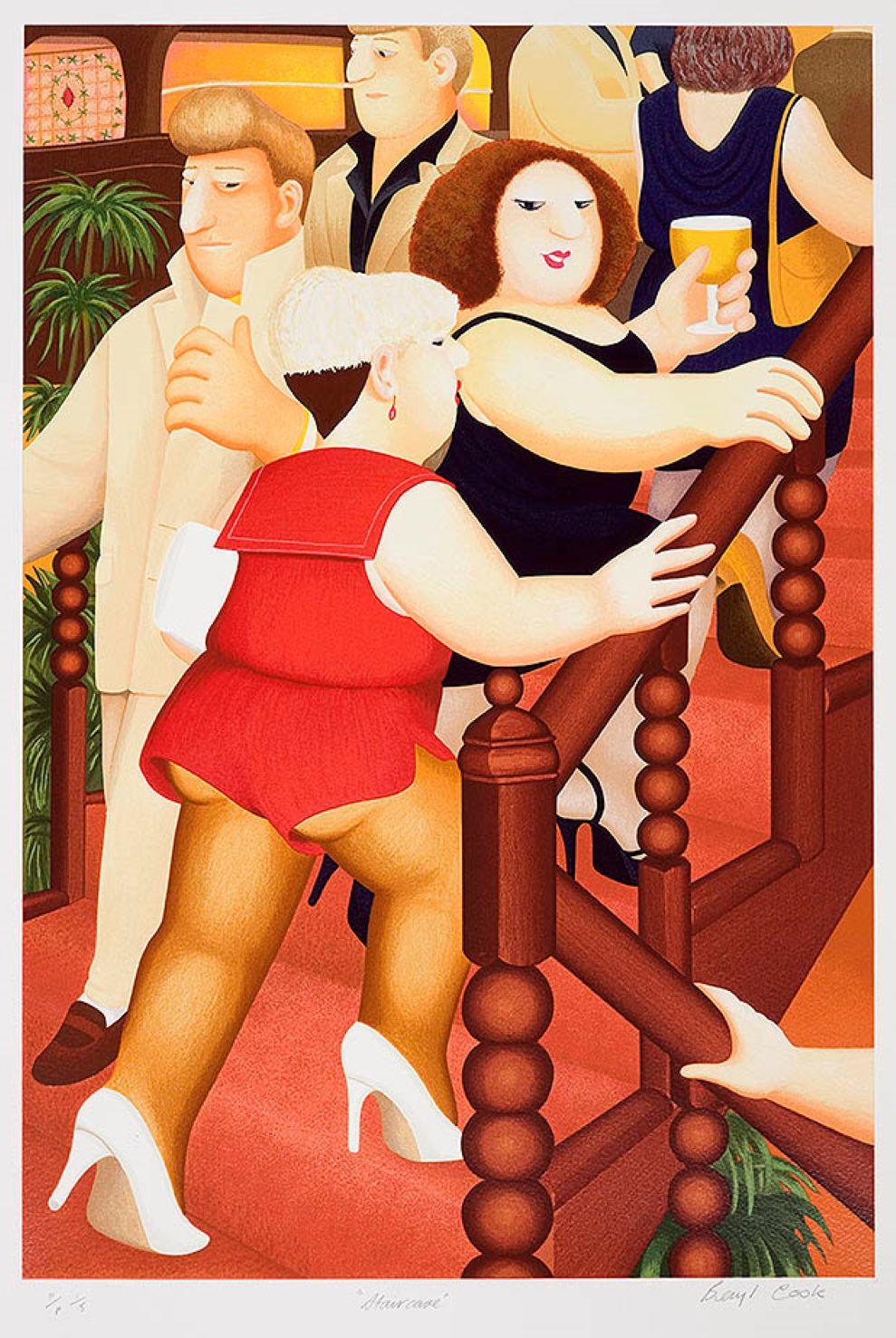 Figurative Print de Beryl Cook - Escalera - Arte naïf, cómico, colorido, Arte popular, vida cotidiana