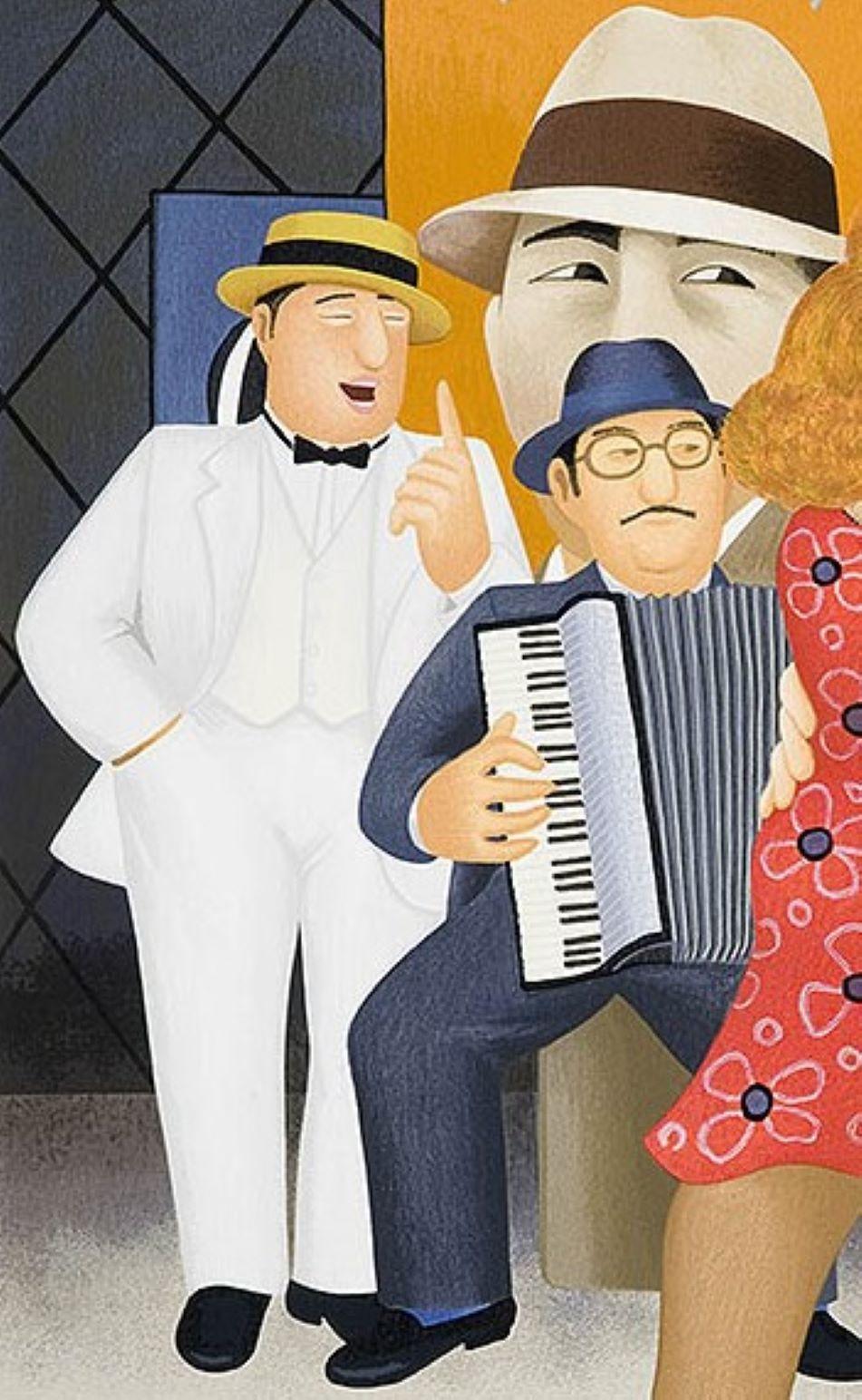 Tango Busking - Arte naïve, comica, colorata, arte popolare, vita quotidiana - Print di Beryl Cook