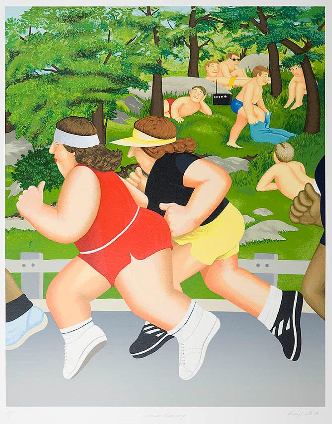 Figurative Print de Beryl Cook - Mujeres corriendo - Arte naïf, cómico, colorido, Arte popular, vida cotidiana