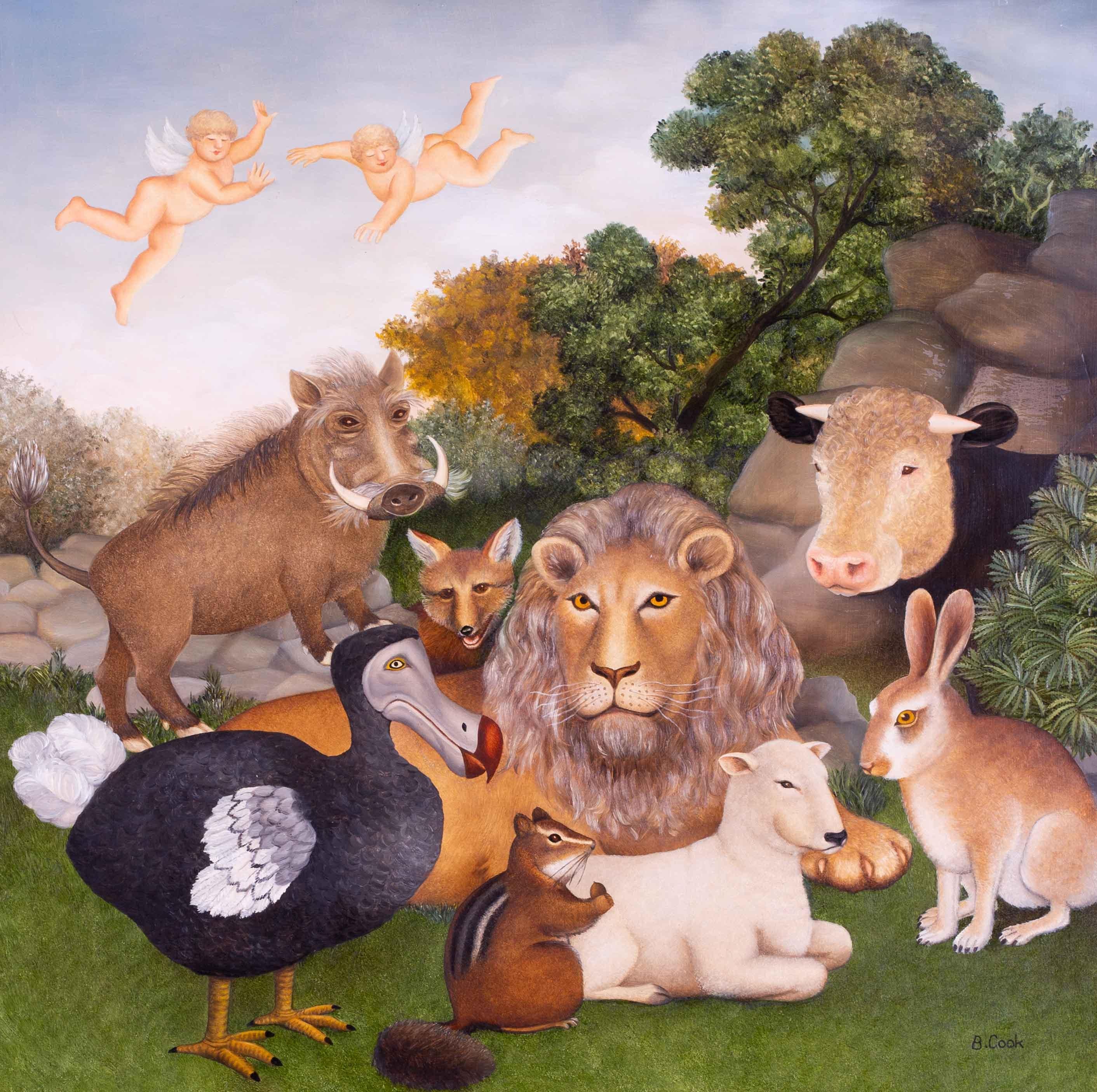 Großes Ölgemälde „Das friedliche Königreich“ von Beryl Cook, Britisch, naiv, Tiere 1