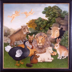 Beryl Cook large oil painting 'The peaceable Kingdom', British, naive, animals