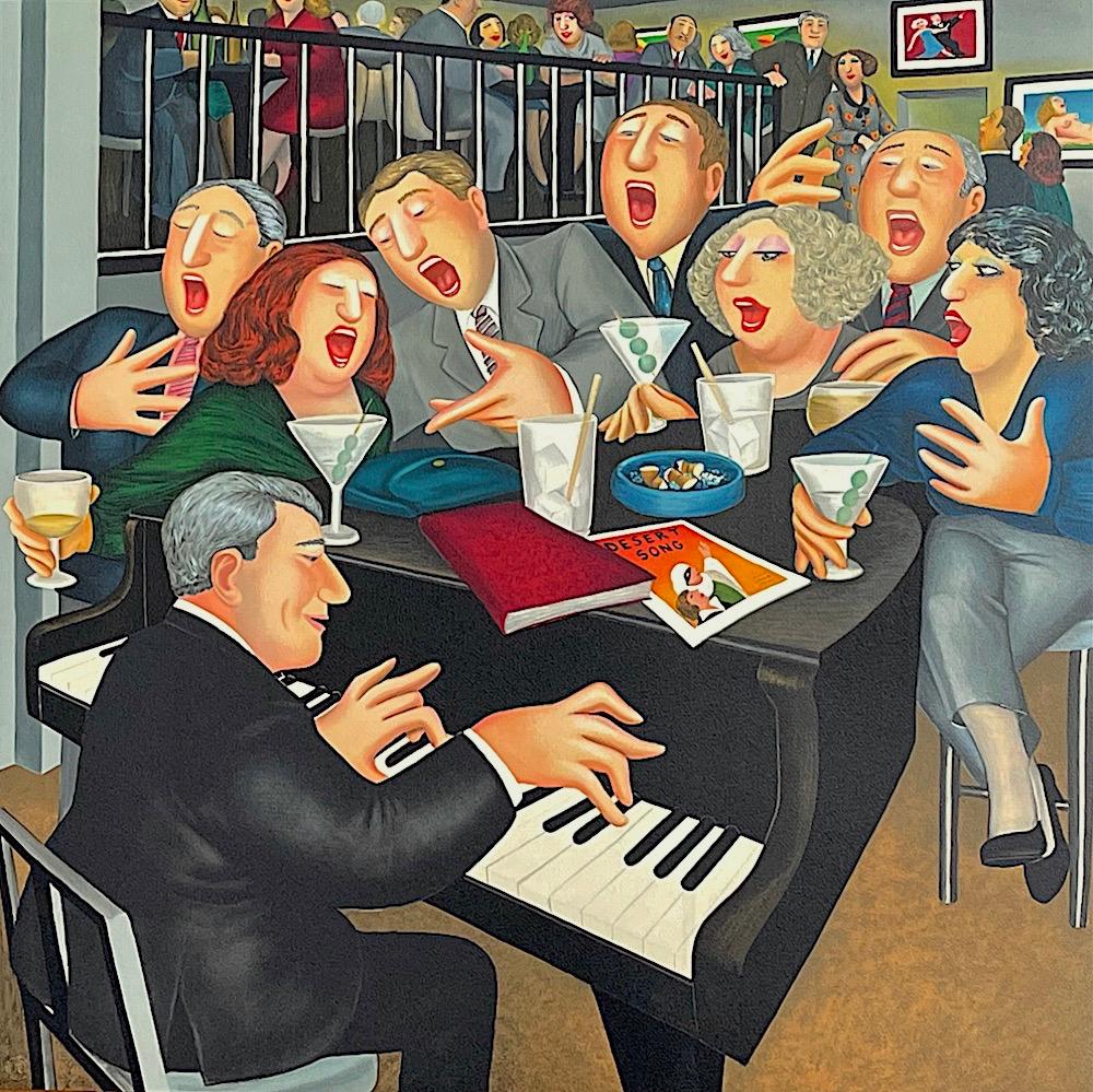 Beryl Cook Interior Print - BIG OLIVES, LITTLE OLIVES Lithograph Piano Bar Cocktails, Singing, British Humor