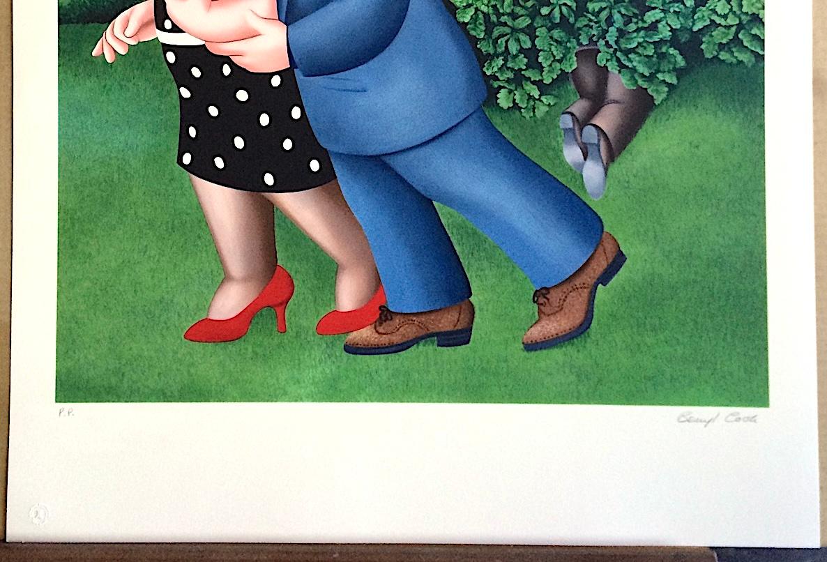 BIRD IN HAND Litografía firmada, Paisaje cómico, Pareja paseando, Humor británico en venta 2