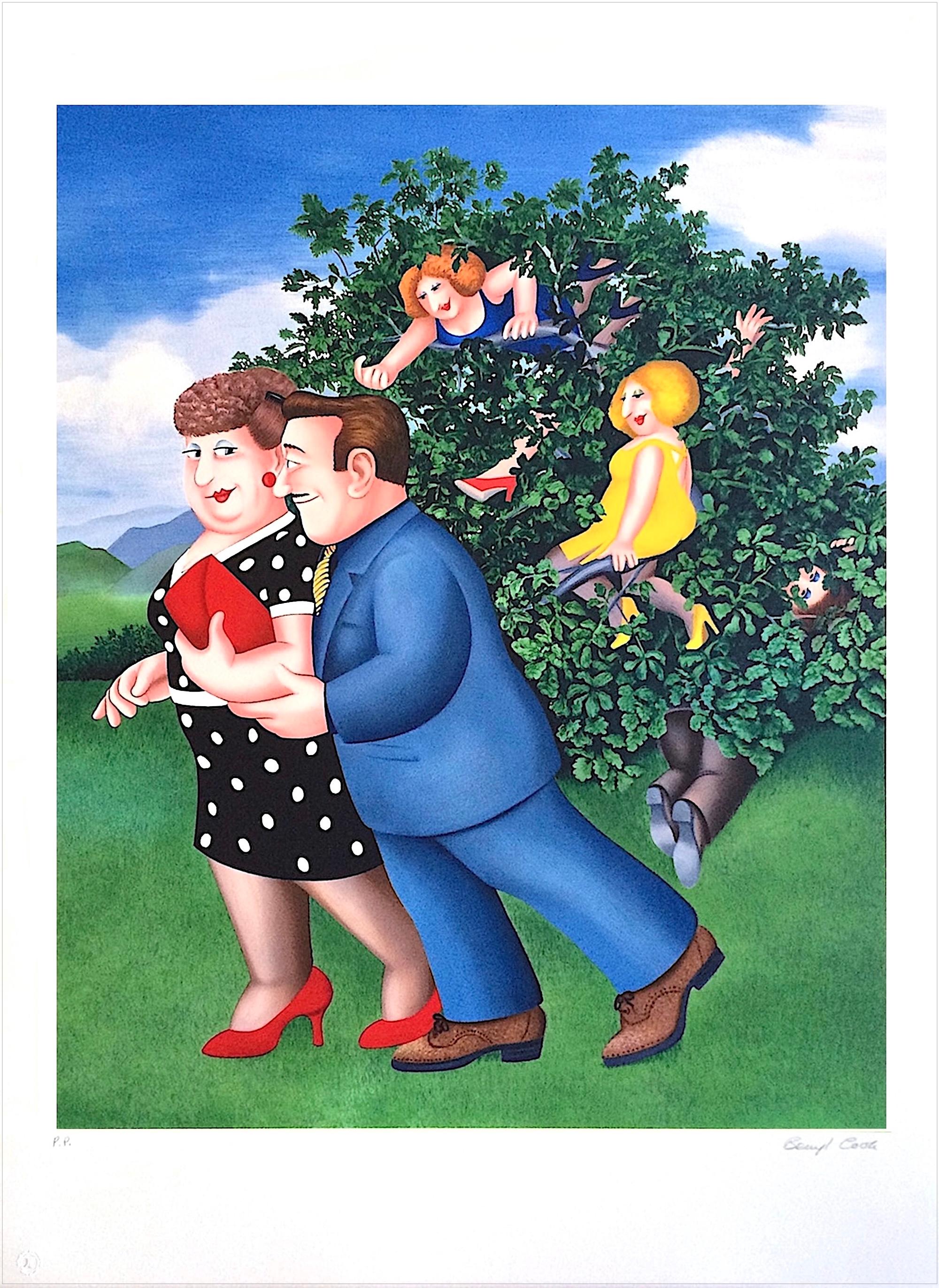 BIRD IN HAND Signed Lithograph, Comical Landscape, Couple Walking, British Humor