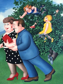 BIRD IN HAND Signed Lithograph, Comical Landscape, Couple Walking, British Humor