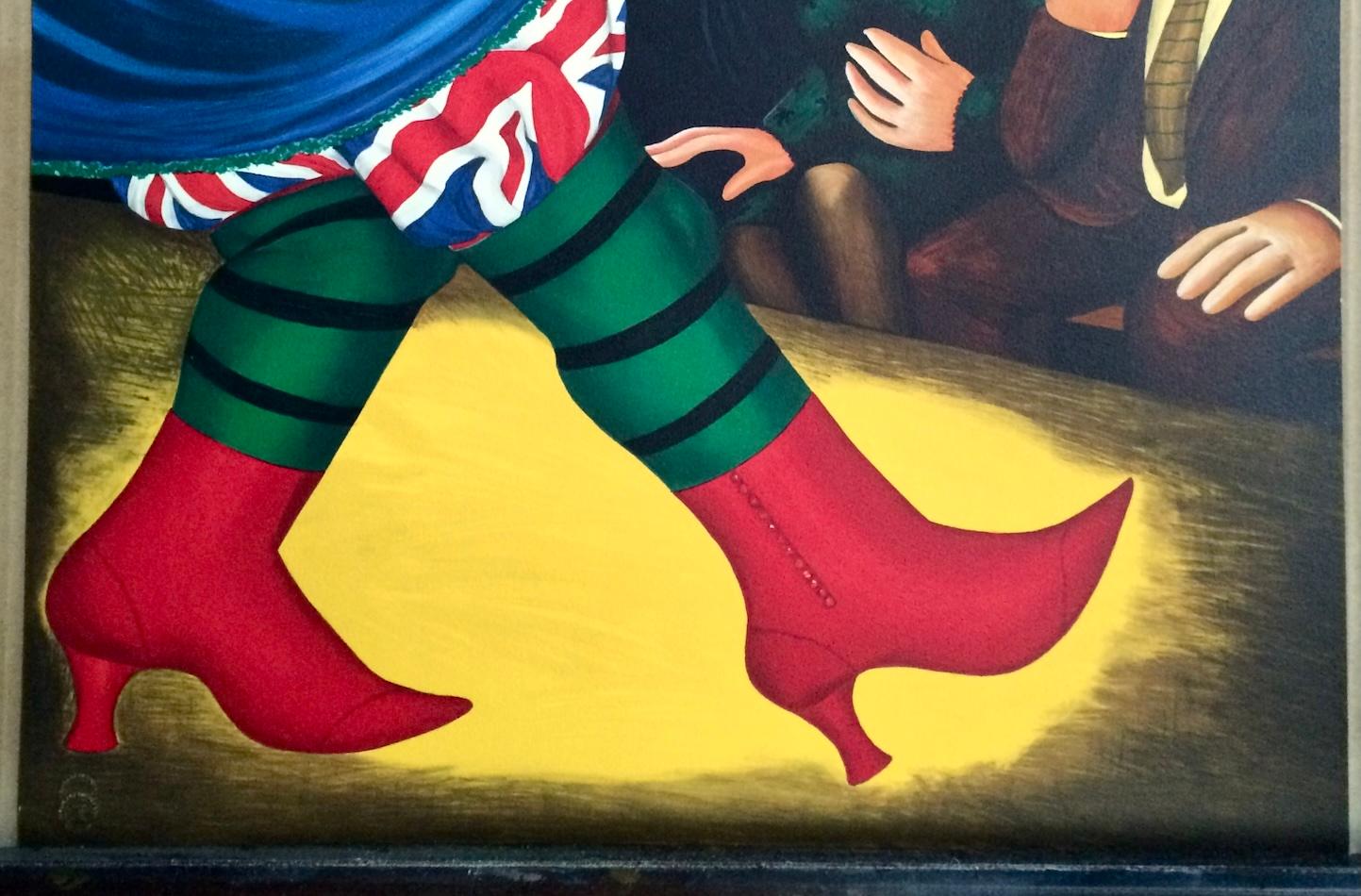 PANTO DAME Litografía, Mujer Bailando, Botas Rojas, Union Jack, Humor Británico en venta 2