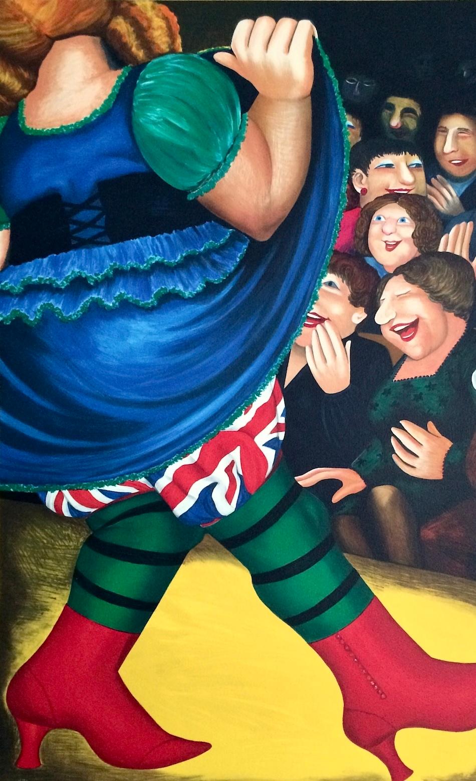 PANTO DAME Litografía, Mujer Bailando, Botas Rojas, Union Jack, Humor Británico en venta 3
