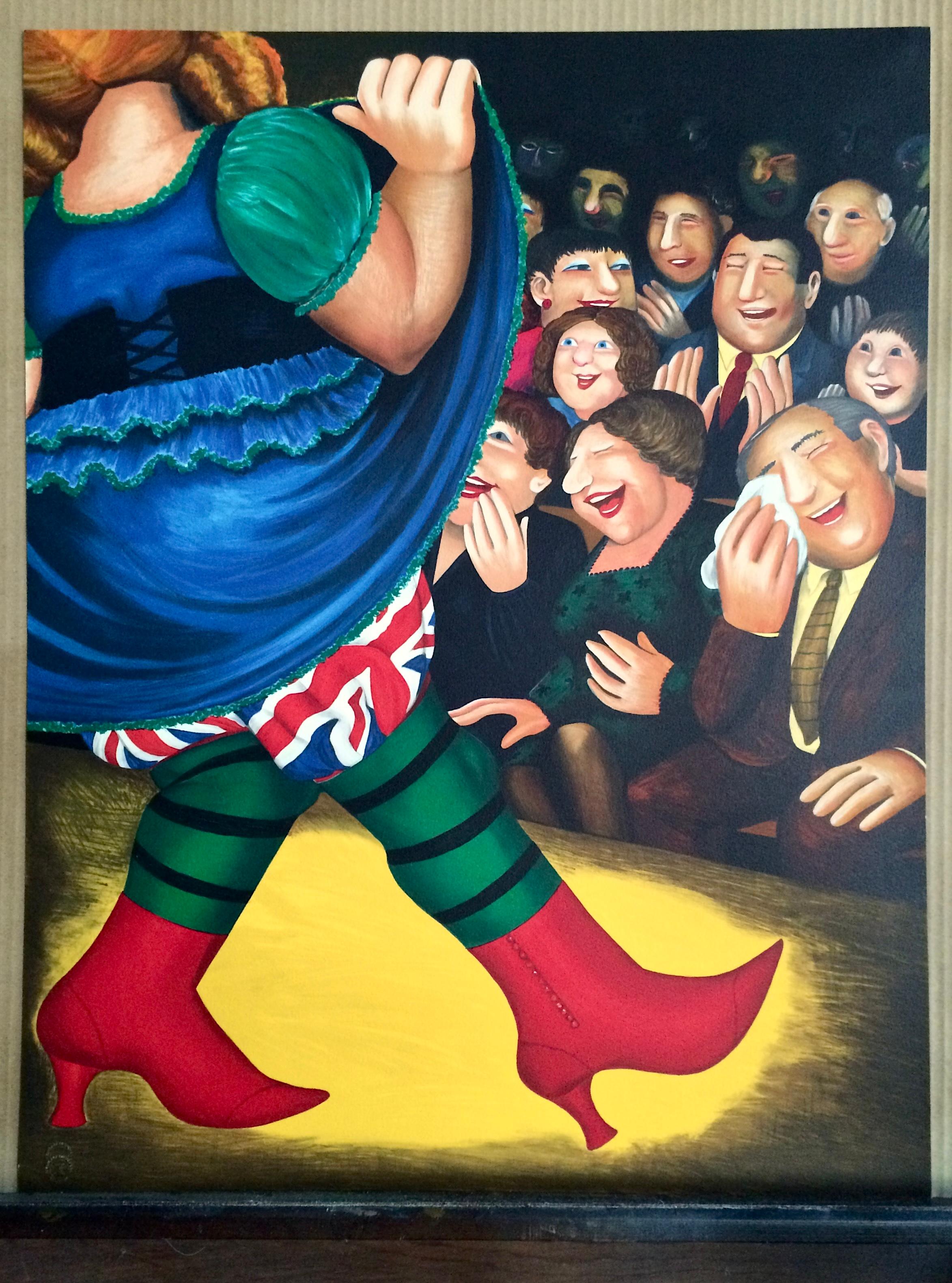 PANTO DAME Litografía, Mujer Bailando, Botas Rojas, Union Jack, Humor Británico en venta 4