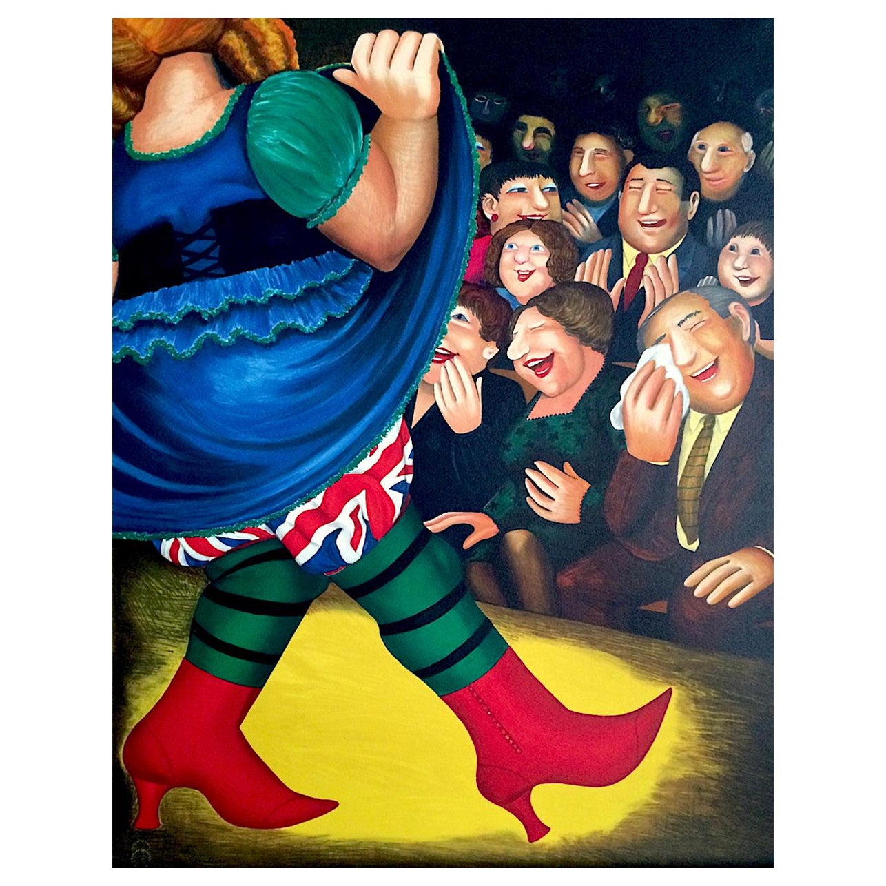 Beryl Cook Figurative Print - PANTO DAME Lithograph, Woman Dancing, Red Boots, Union Jack, British Humor