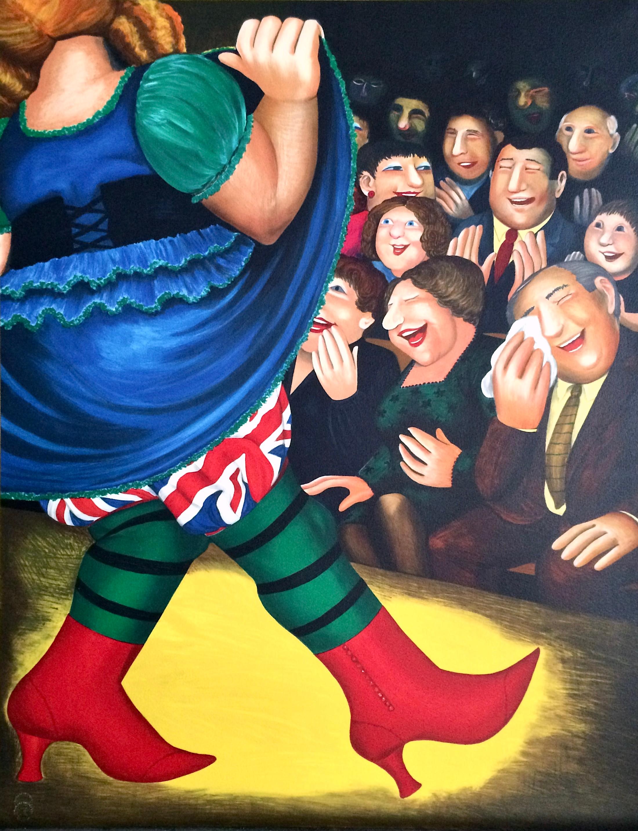 Figurative Print de Beryl Cook - PANTO DAME Litografía, Mujer Bailando, Botas Rojas, Union Jack, Humor Británico