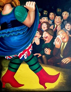 PANTO DAME Lithograph, Woman Dancing, Red Boots, Union Jack, British Humor
