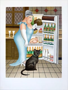 PERCY AT THE FRIDGE Hand Drawn Lithograph, Black Cat, Champagne, British Humor
