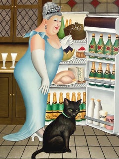 PERCY AT THE FRIDGE Litografía Dibujada a Mano, Gato Negro, Champán, Humor Británico