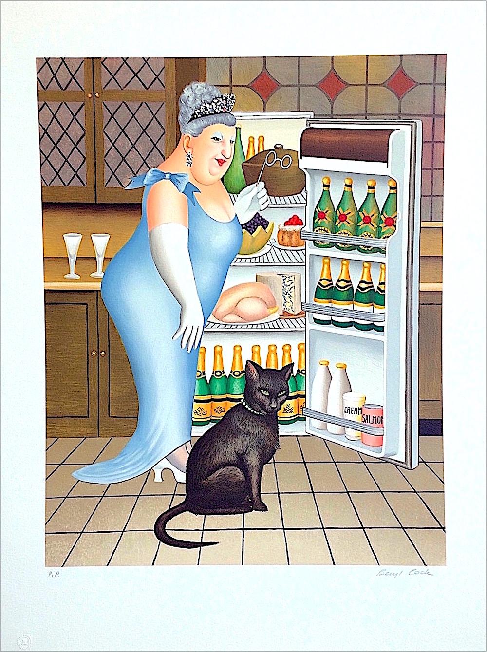 PERCY AT THE FRIDGE Signierte Lithographie, Schwarze Katze, Champagner, britischer Humor – Print von Beryl Cook