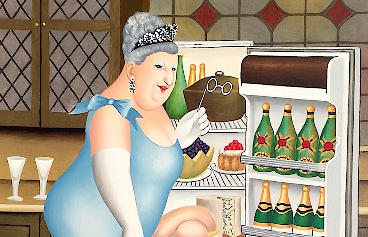 PERCY AT THE FRIDGE Litografia firmata, Gatto nero, Champagne, umorismo britannico - Print Contemporaneo di Beryl Cook