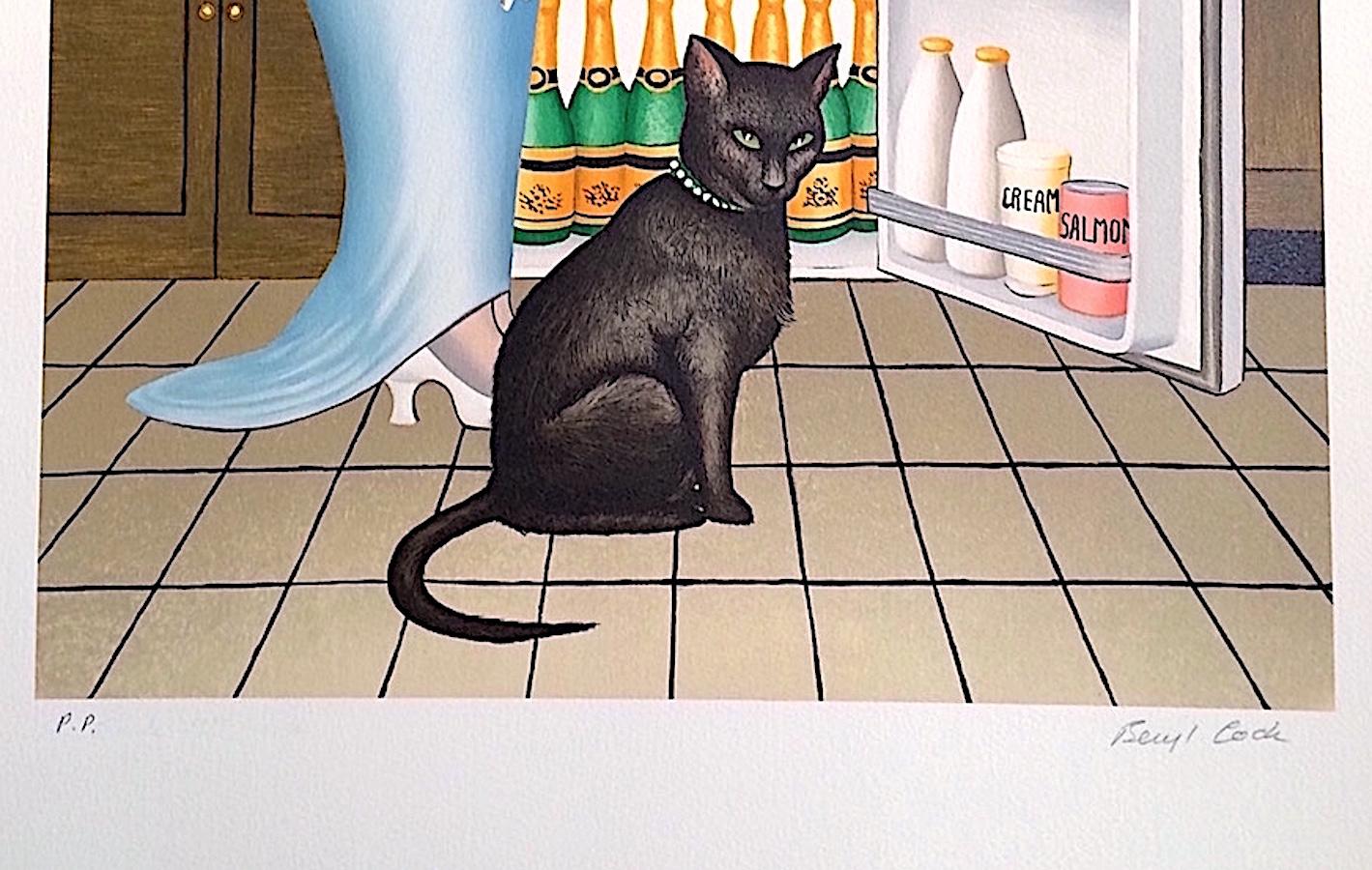 PERCY AT THE FRIDGE Signed Lithograph, Black Cat, Champagne, British Humor - Contemporary Print by Beryl Cook