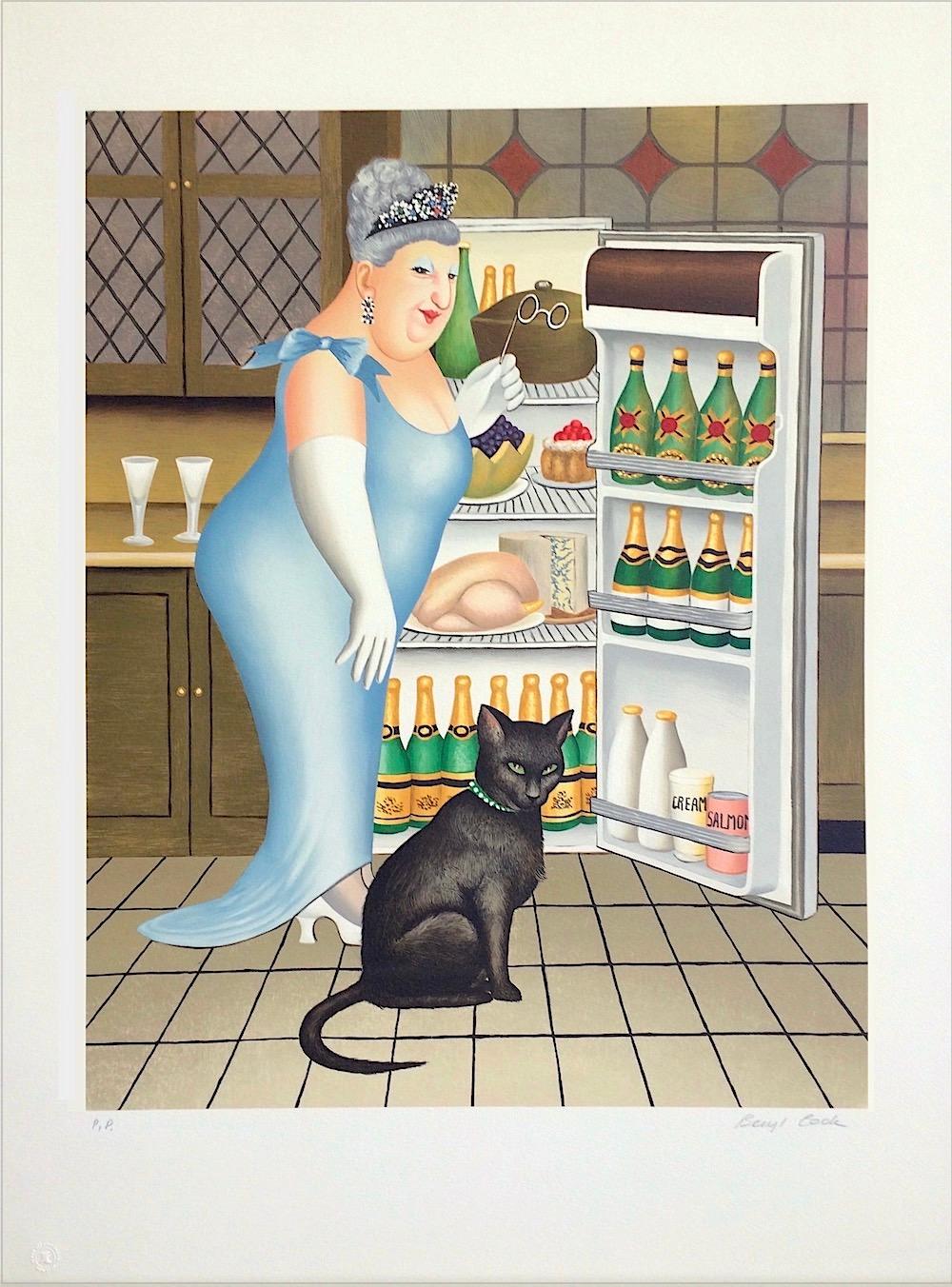 PERCY AT THE FRIDGE Litografia firmata, Gatto nero, Champagne, umorismo britannico in vendita 2
