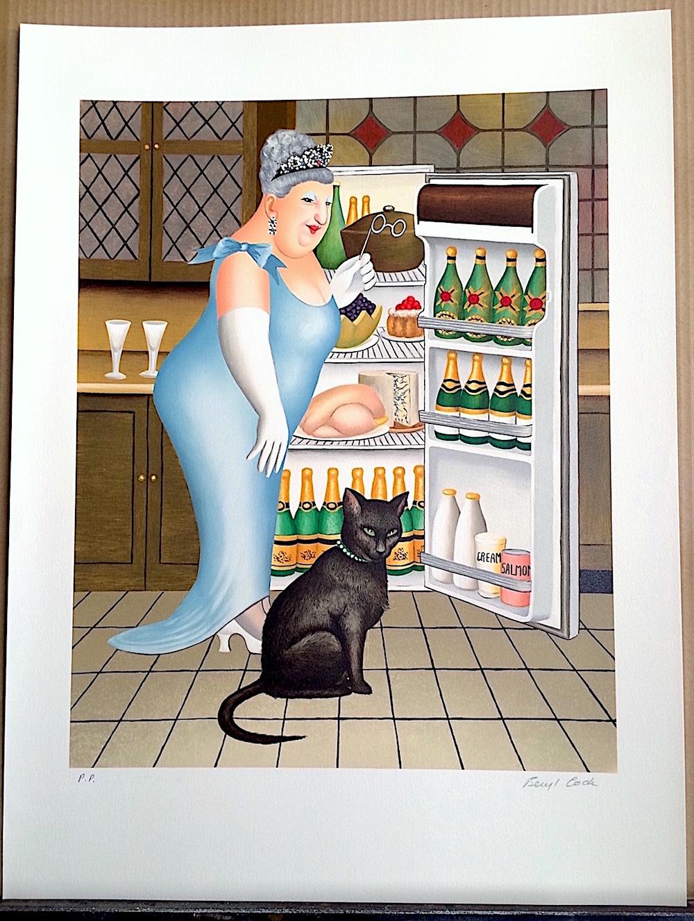 PERCY AT THE FRIDGE Signed Lithograph, Black Cat, Champagne, British Humor - Brown Portrait Print by Beryl Cook